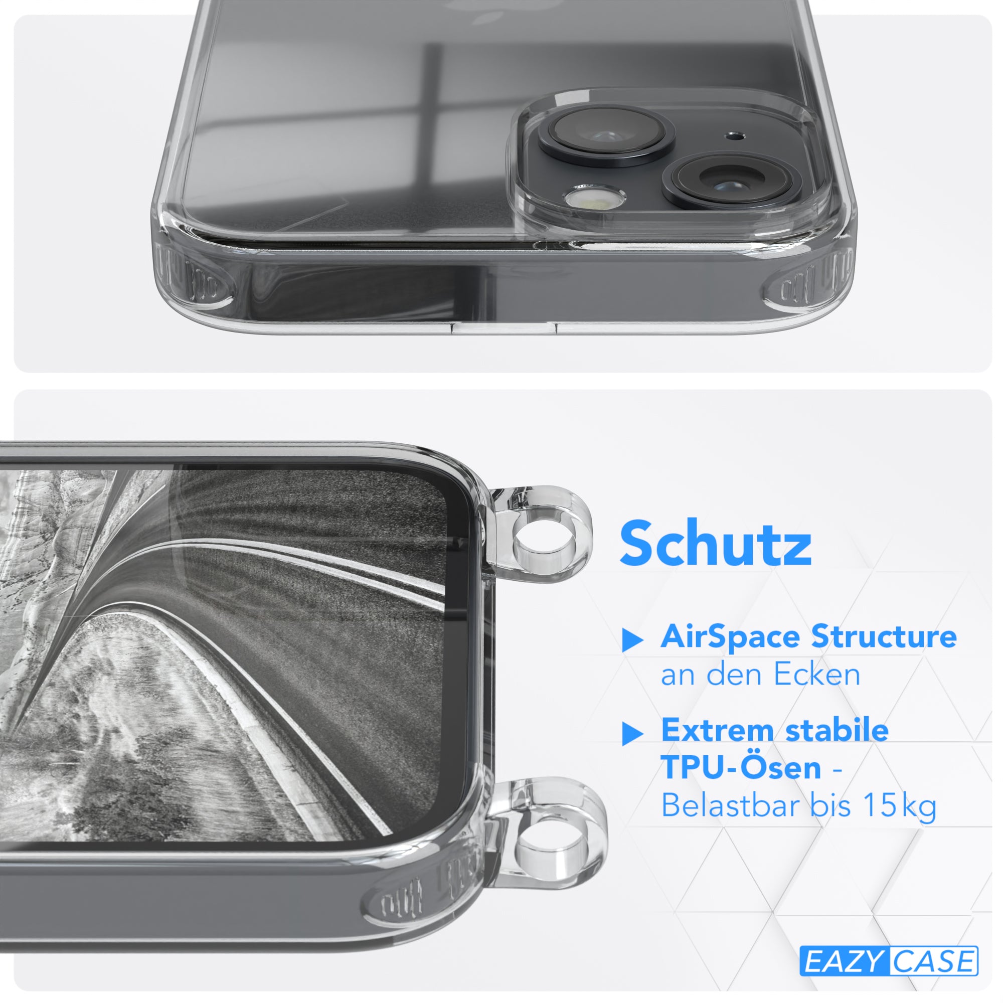 iPhone 14 Hülle + Kordel mit Karabinern