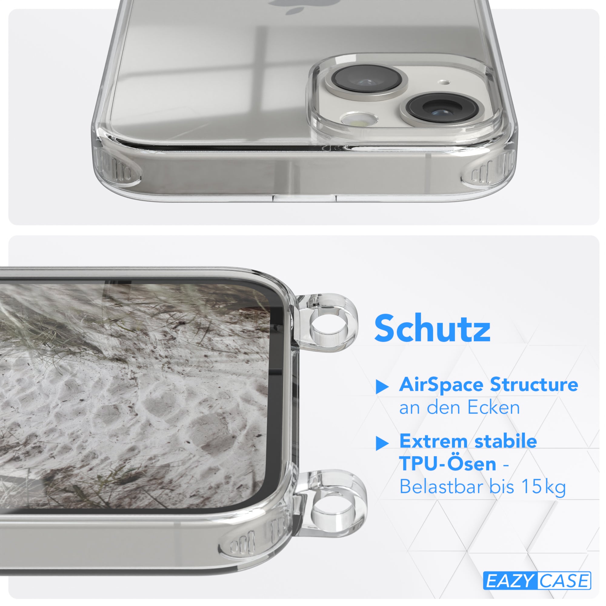 iPhone 14 Hülle + Kordel mit Karabinern