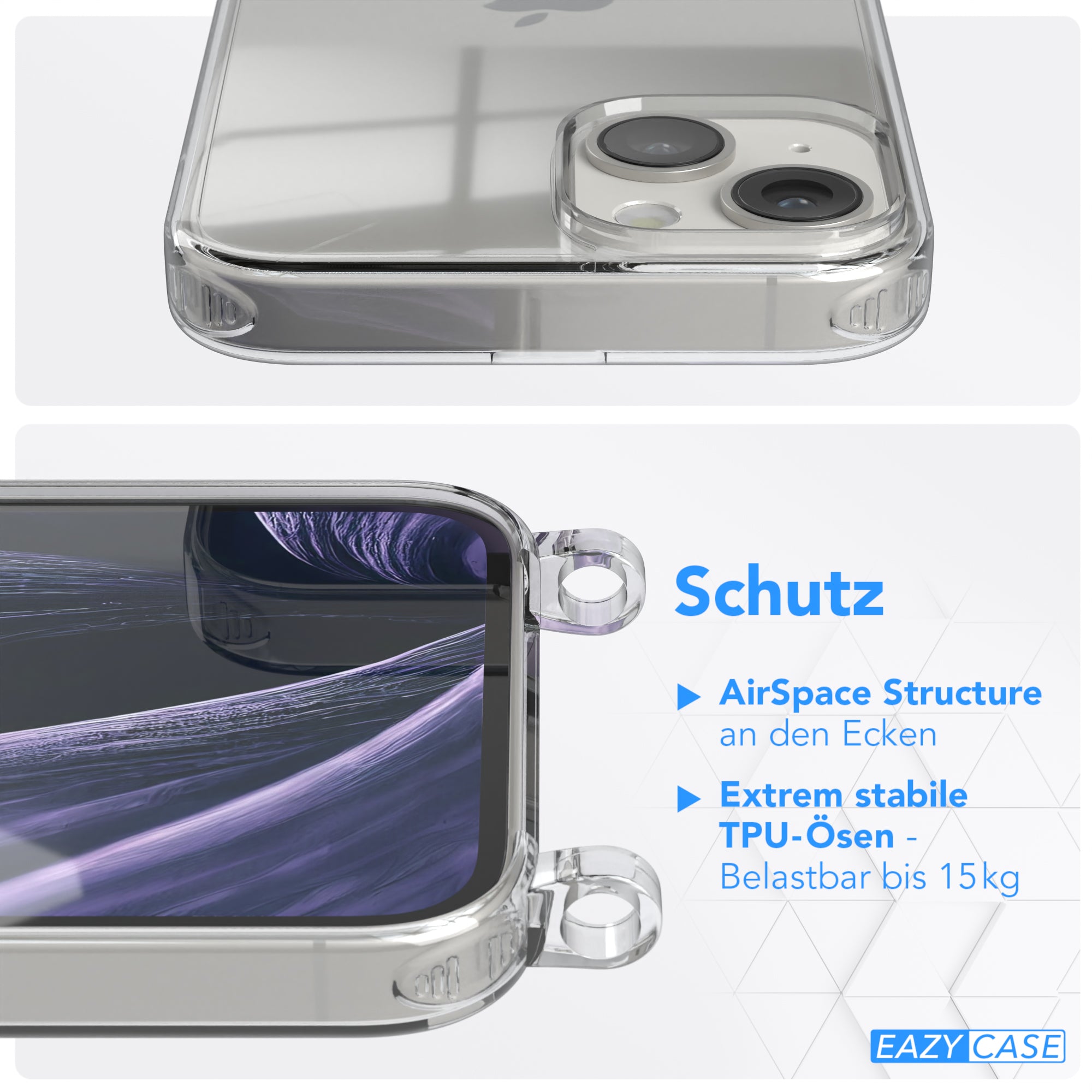 iPhone 14 Hülle + Kordel mit Karabinern