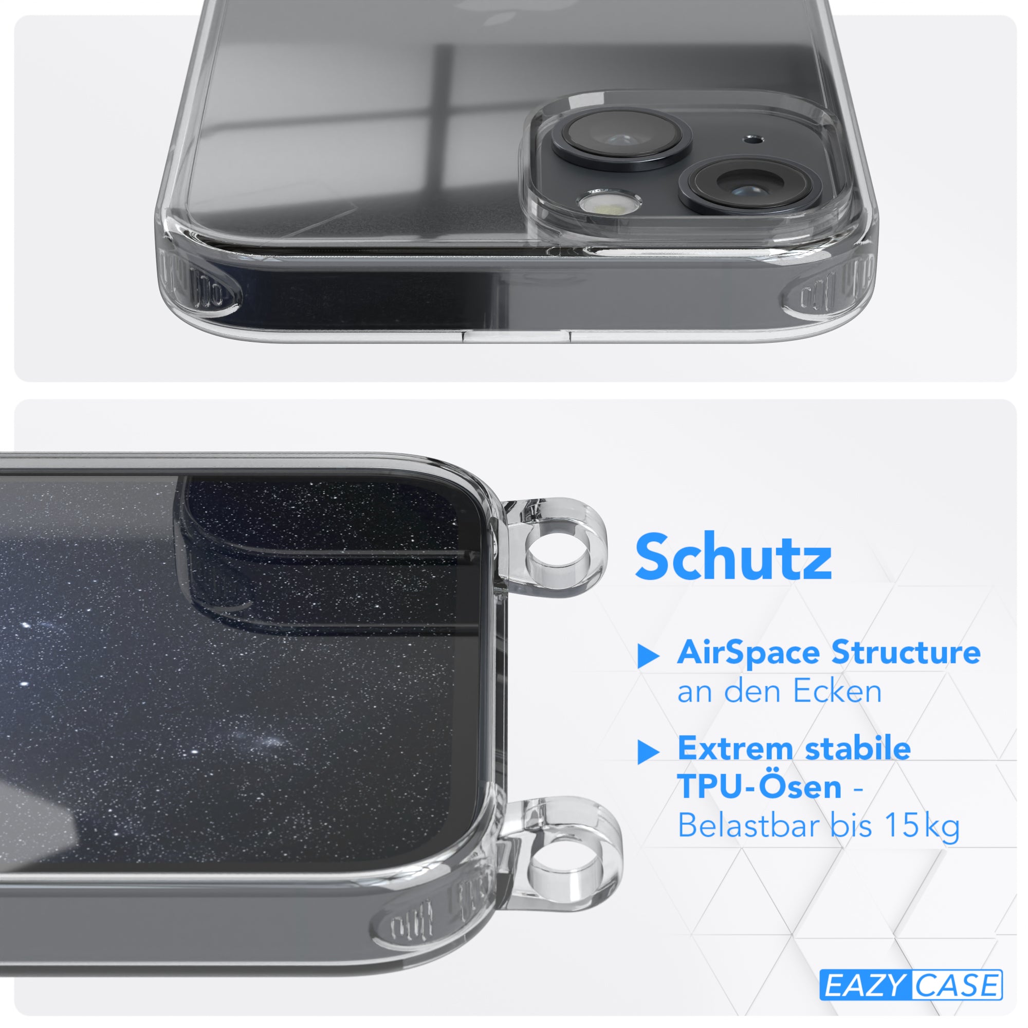 iPhone 14 Hülle + Kordel mit Karabinern
