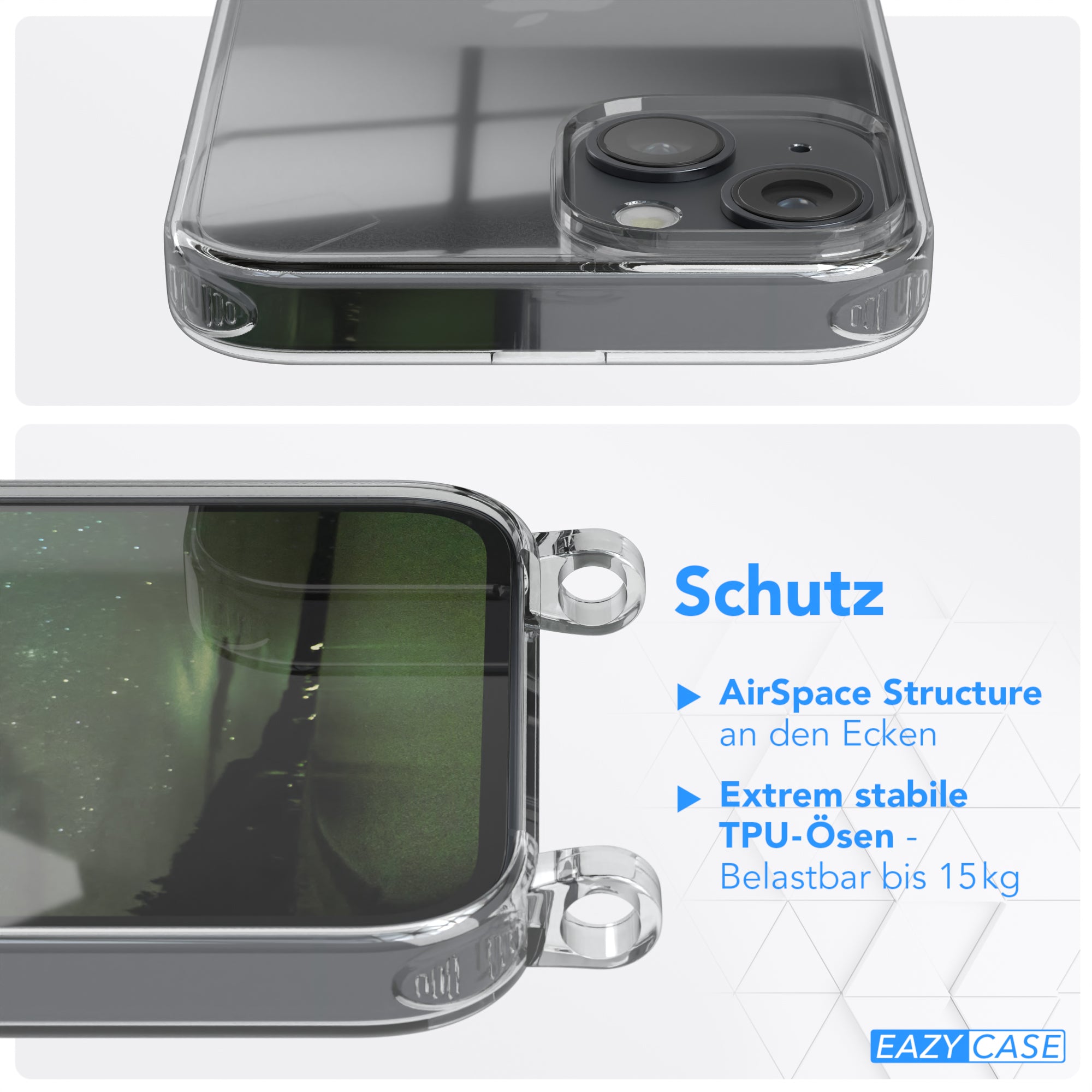 iPhone 14 Hülle + Kordel mit Karabinern