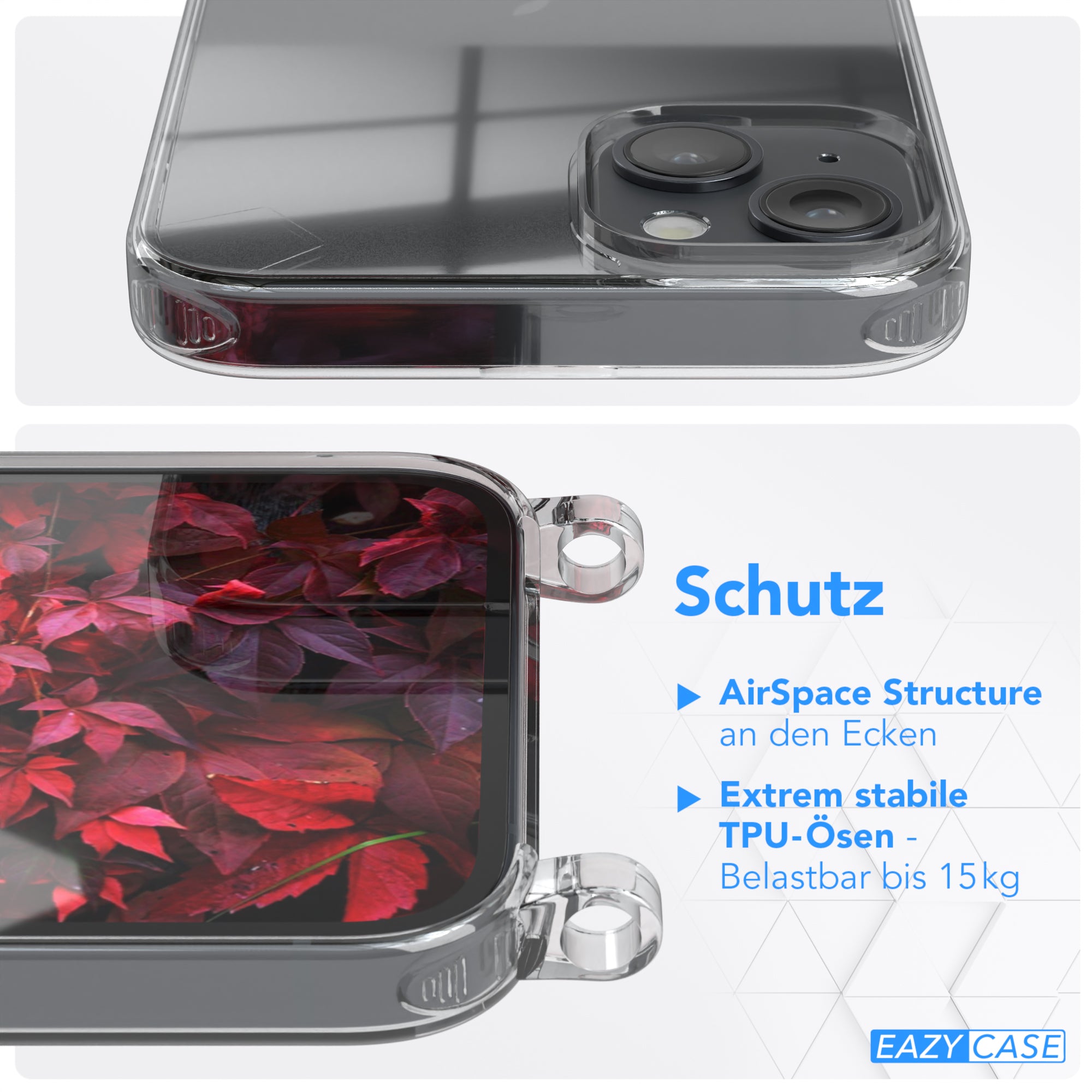iPhone 14 Plus Hülle + Kordel mit Karabinern