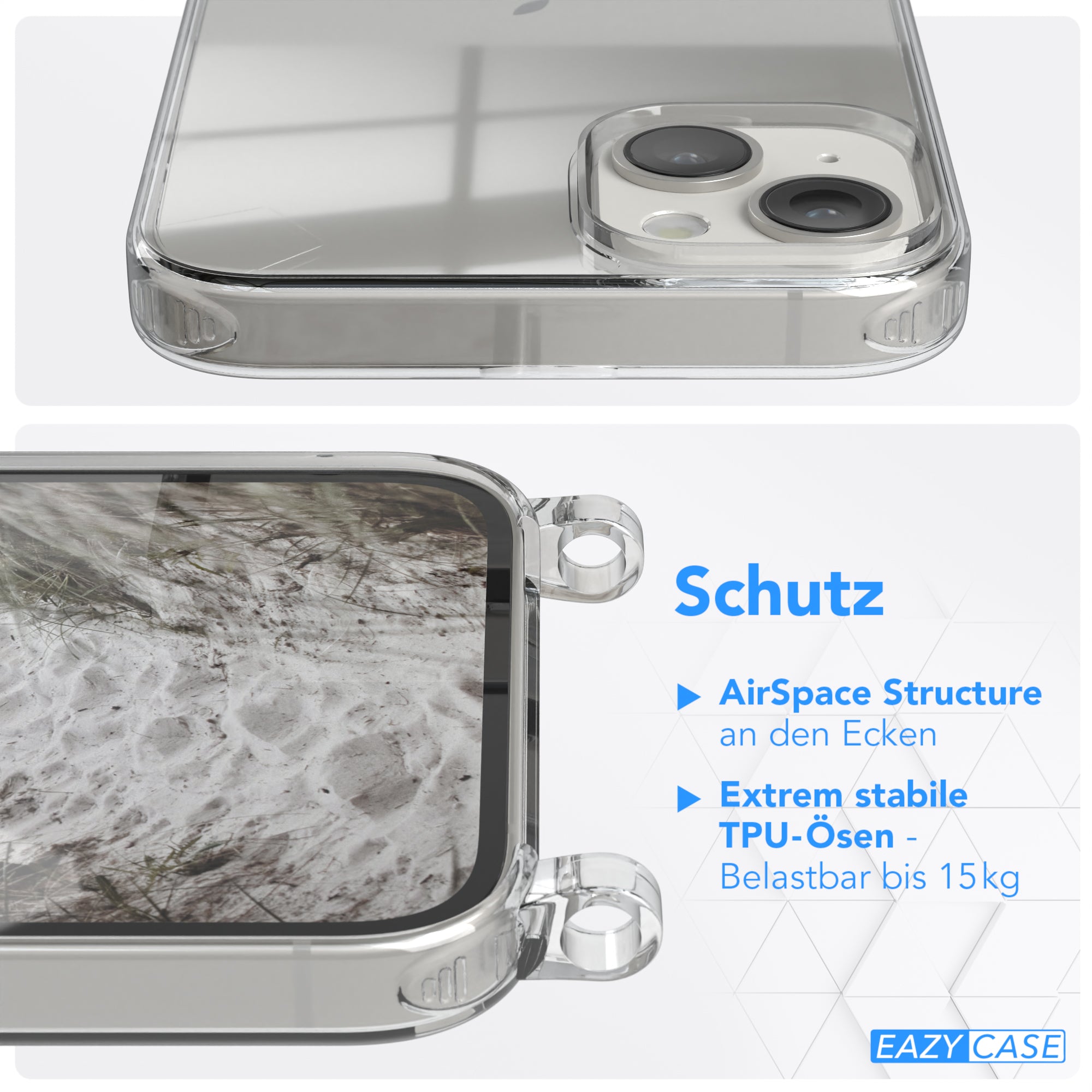 iPhone 14 Plus Hülle + Kordel mit Karabinern