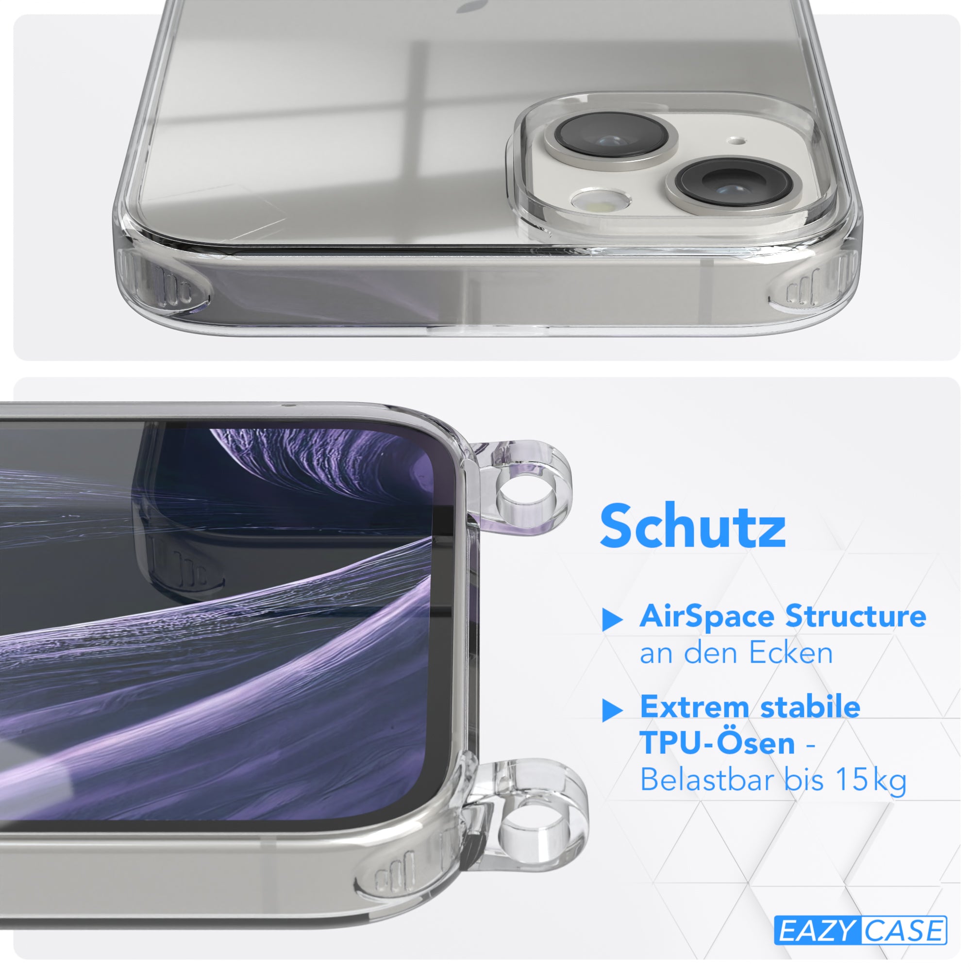 iPhone 14 Plus Hülle + Kordel mit Karabinern