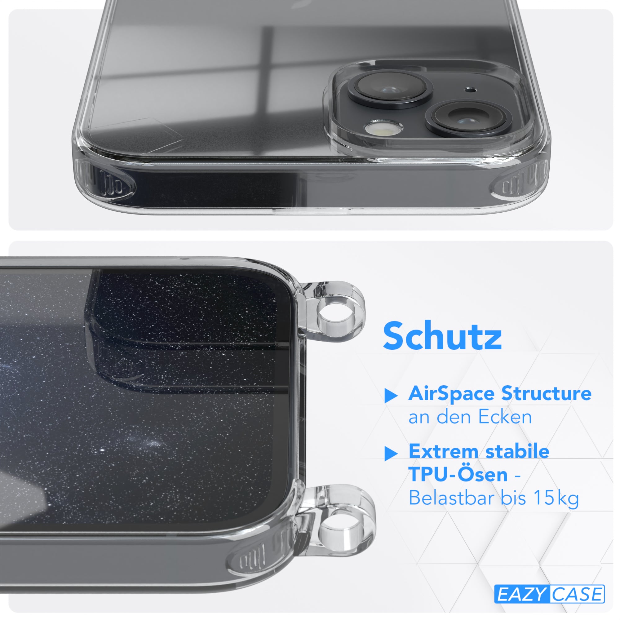iPhone 14 Plus Hülle + Kordel mit Karabinern