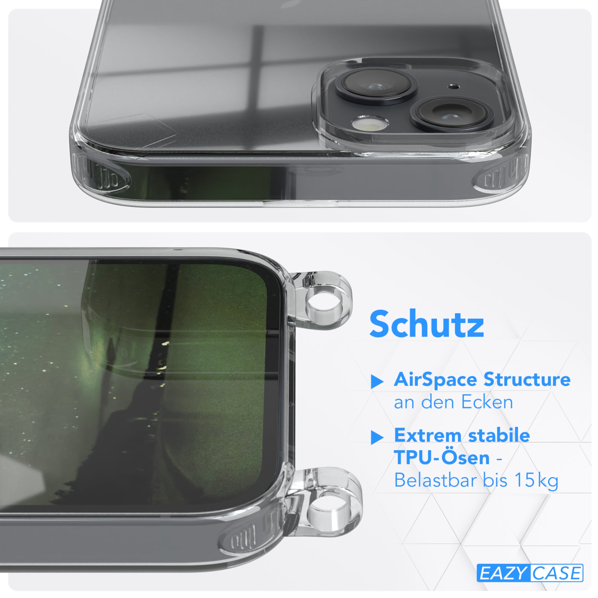 iPhone 14 Plus Hülle + Kordel mit Karabinern