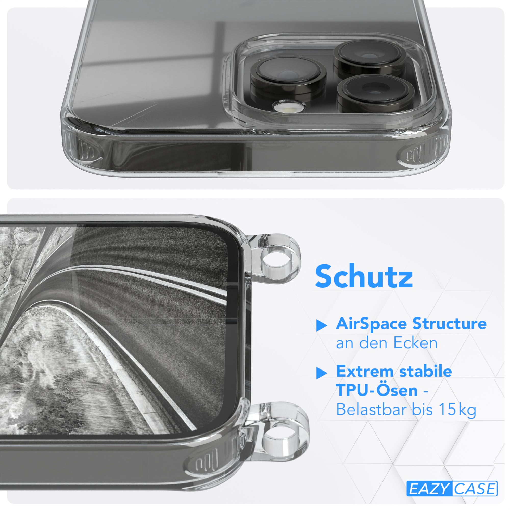 iPhone 14 Pro Max Hülle + Kordel mit Karabinern
