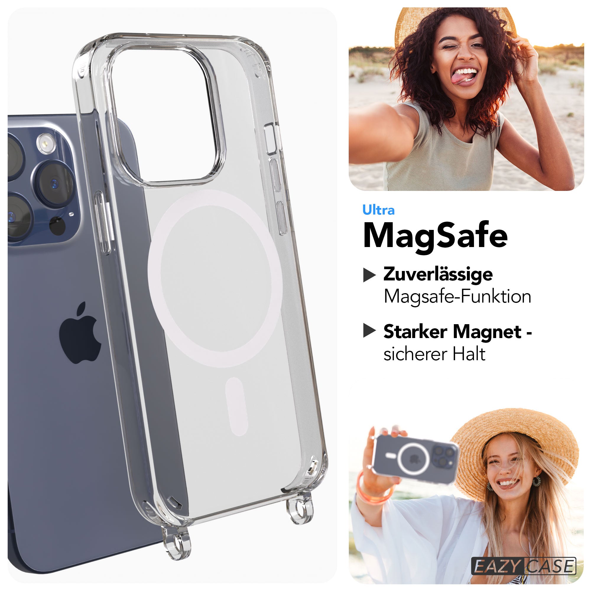 iPhone 15 Pro transparente Hülle mit MagSafe und Handyketten-Ösen