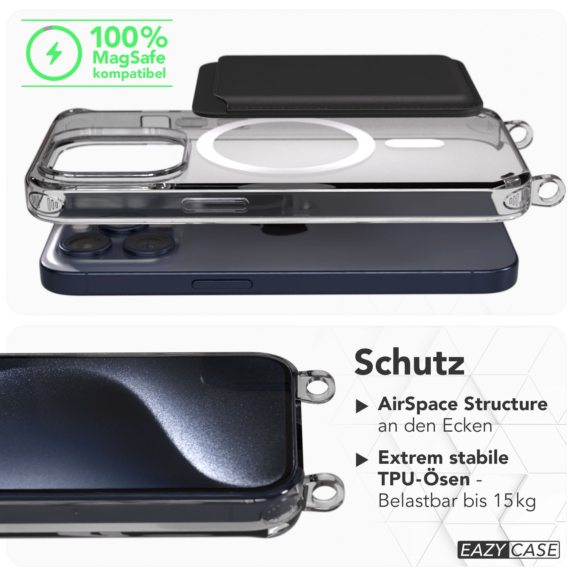 iPhone 15 Pro transparente Hülle mit MagSafe und Handyketten-Ösen