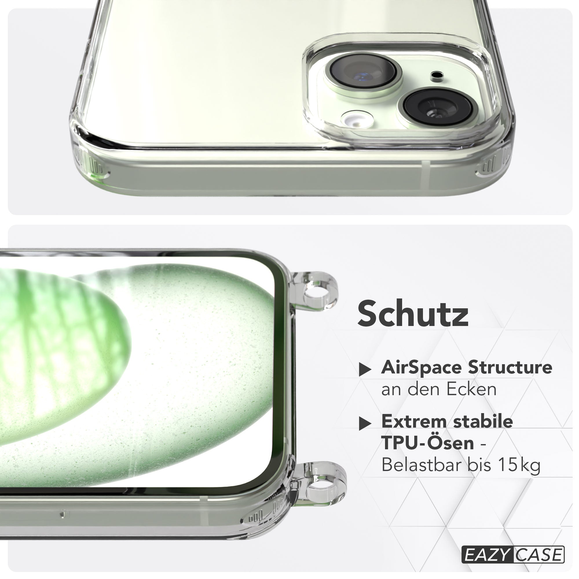 iPhone 15 Plus Hülle für Handyketten mit Befestigungsösen TPU transparent