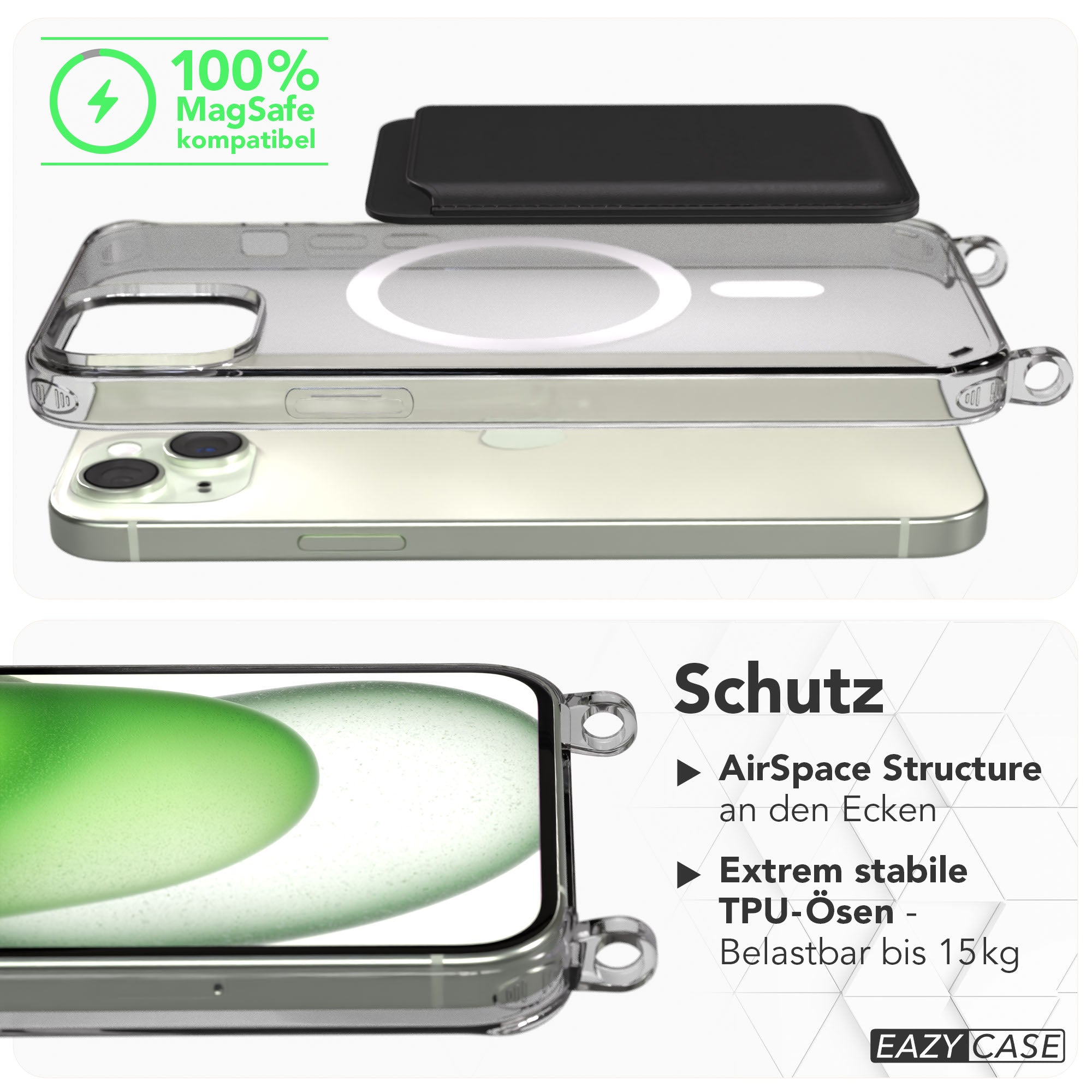 iPhone 15 Plus transparente Hülle mit MagSafe und Handyketten-Ösen