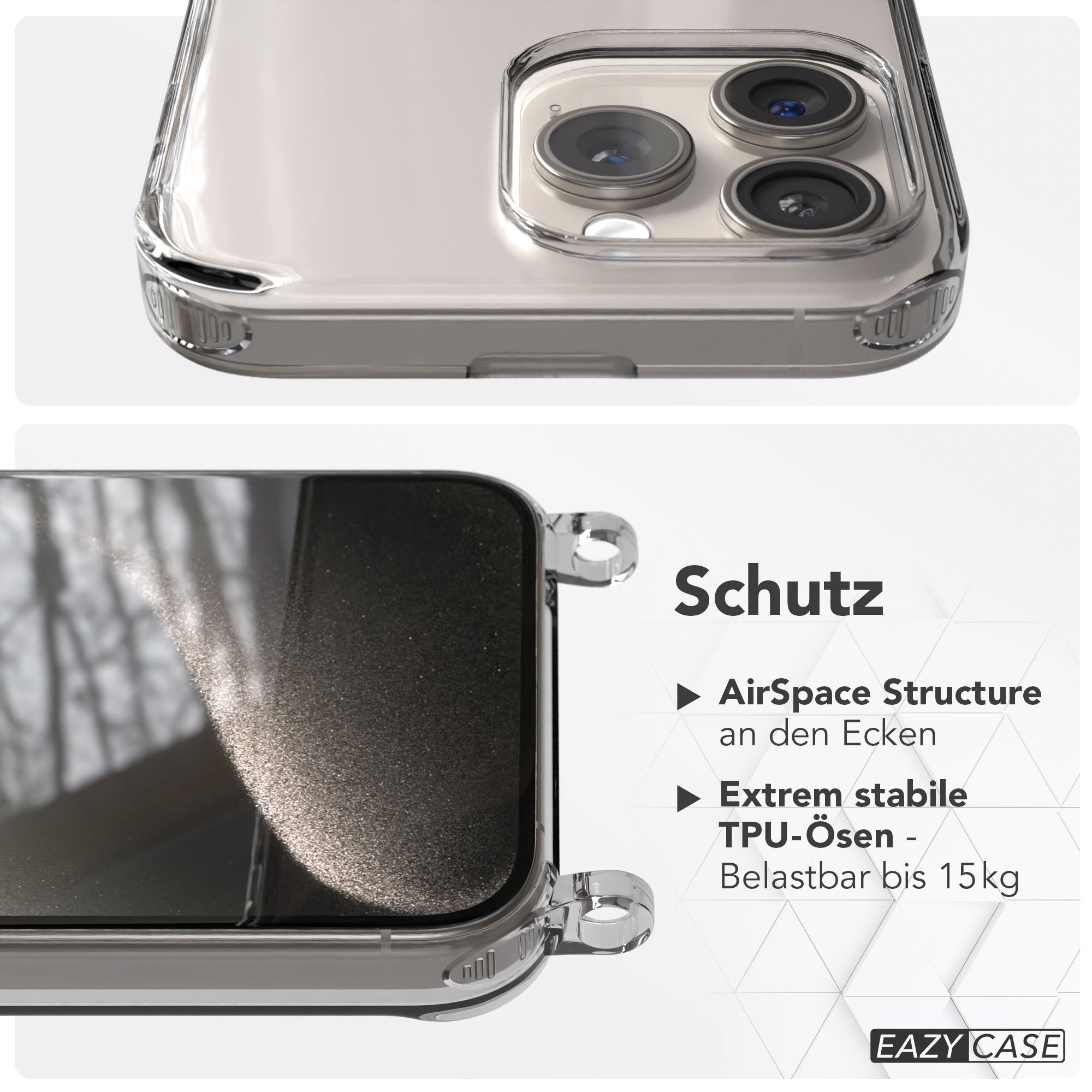 iPhone 15 Pro Max transparente Handyhülle mit Befestigungsösen für Handyketten