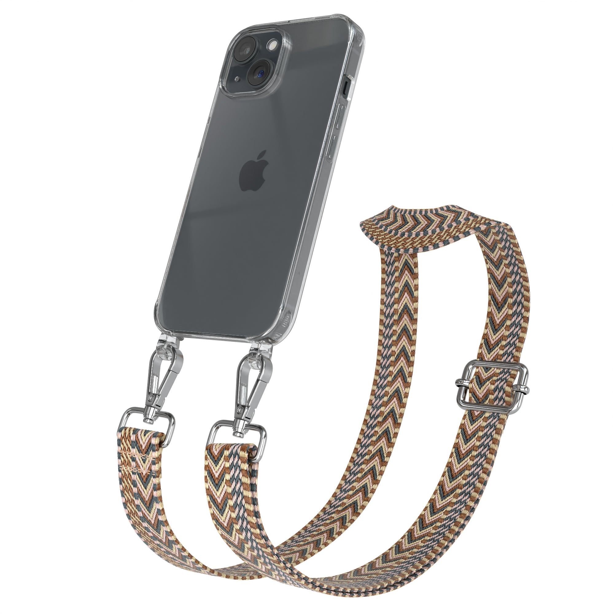 iPhone 15 Handykette mit verstellbarem Boho Band Tragegurt #farbe-band_hellbraun-braun_metallfarbe-silber