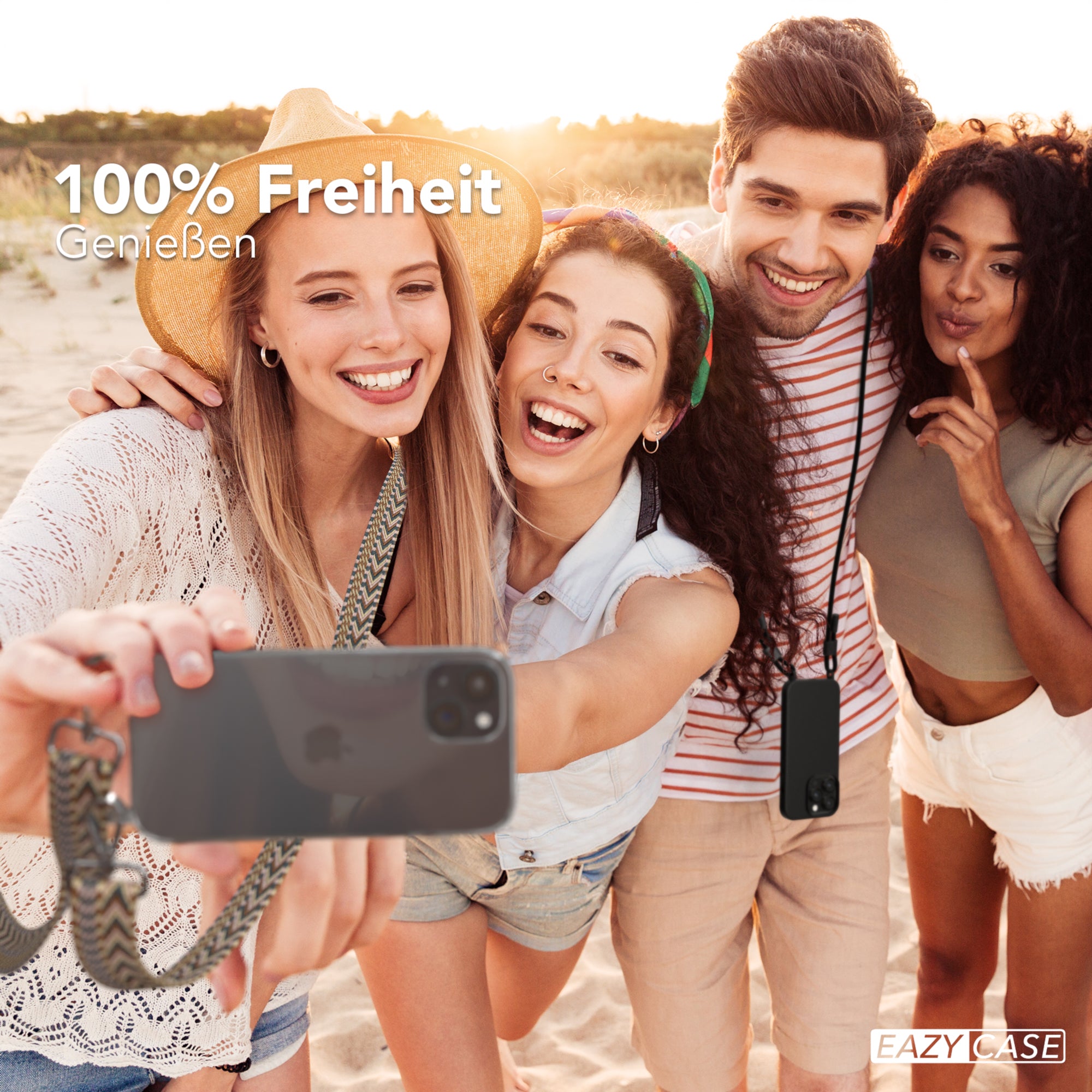 iPhone 15 Handykette mit verstellbarem Boho Band Tragegurt #farbe-band_hellbraun-braun_metallfarbe-silber