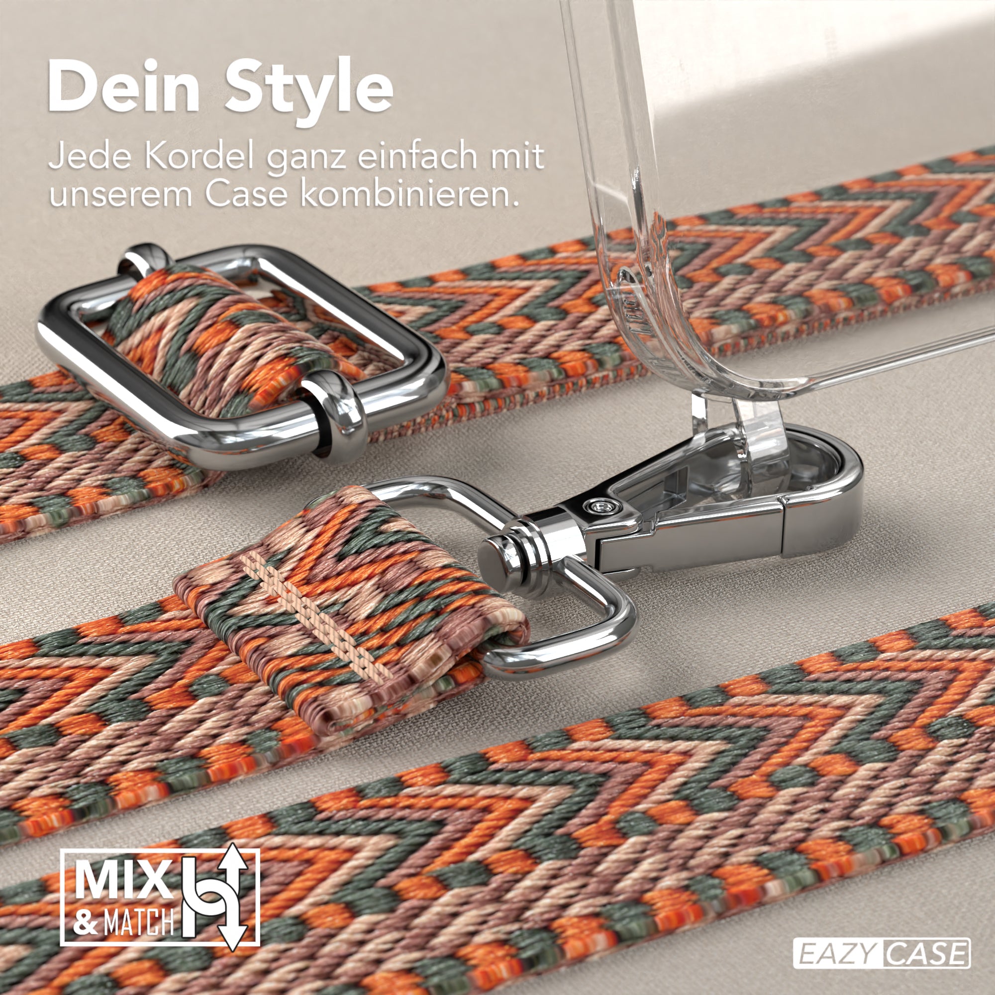 iPhone 15 Handykette mit verstellbarem Boho Band Tragegurt #farbe-band_orange-grun_metallfarbe-silber
