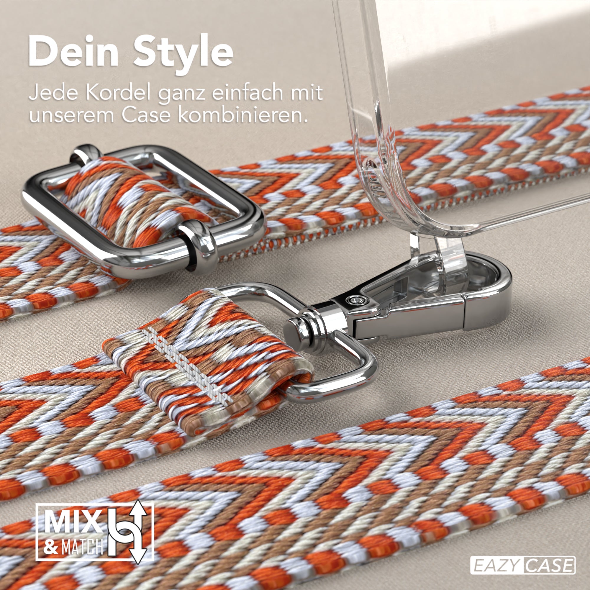iPhone 15 Handykette mit verstellbarem Boho Band Tragegurt #farbe-band_hellblau-rot_metallfarbe-silber