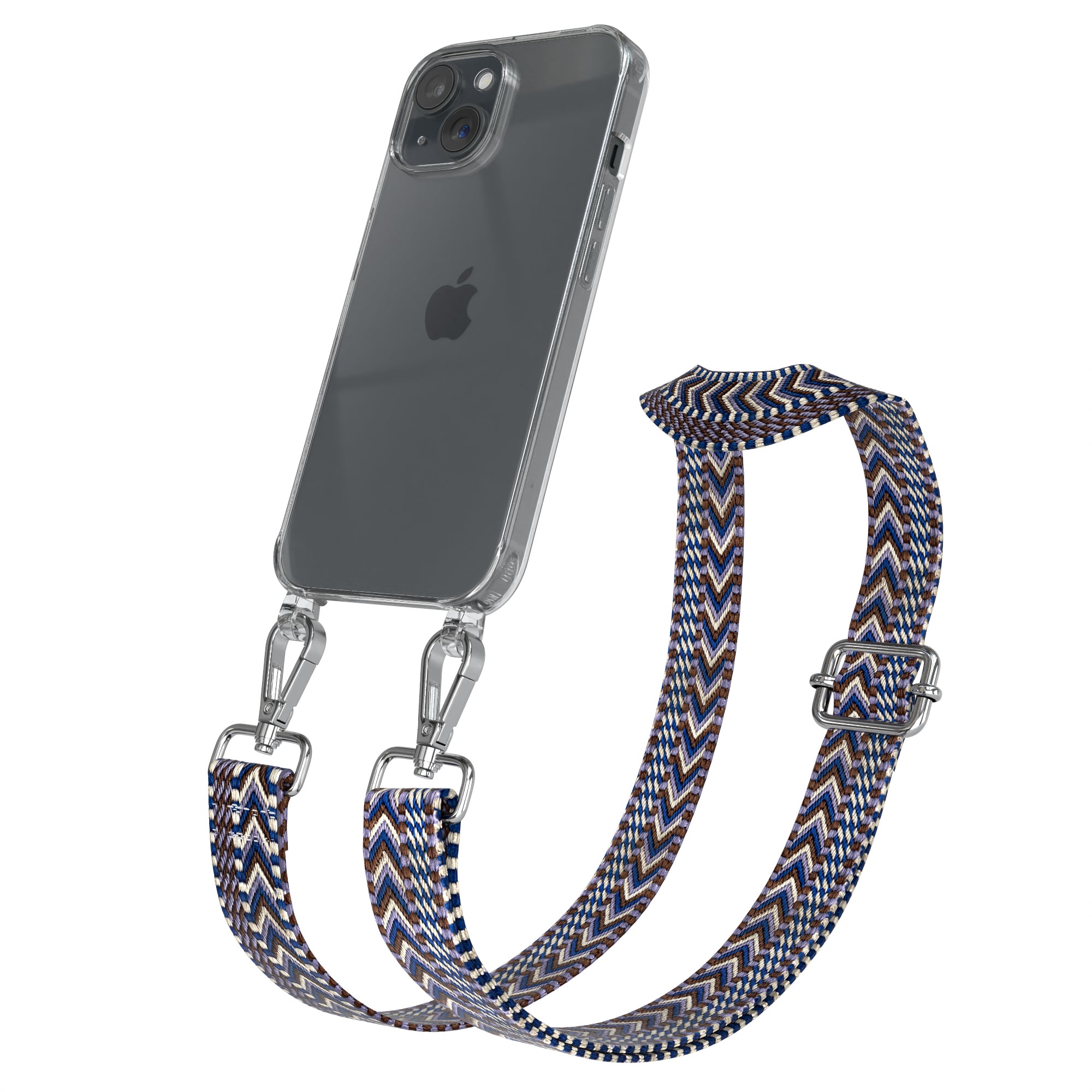 iPhone 15 Handykette mit verstellbarem Boho Band Tragegurt #farbe-band_blau-weis_metallfarbe-silber