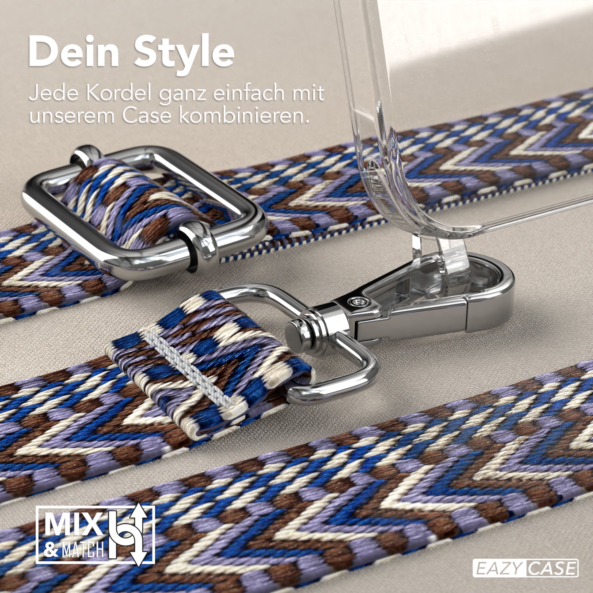 iPhone 15 Handykette mit verstellbarem Boho Band Tragegurt #farbe-band_blau-weis_metallfarbe-silber