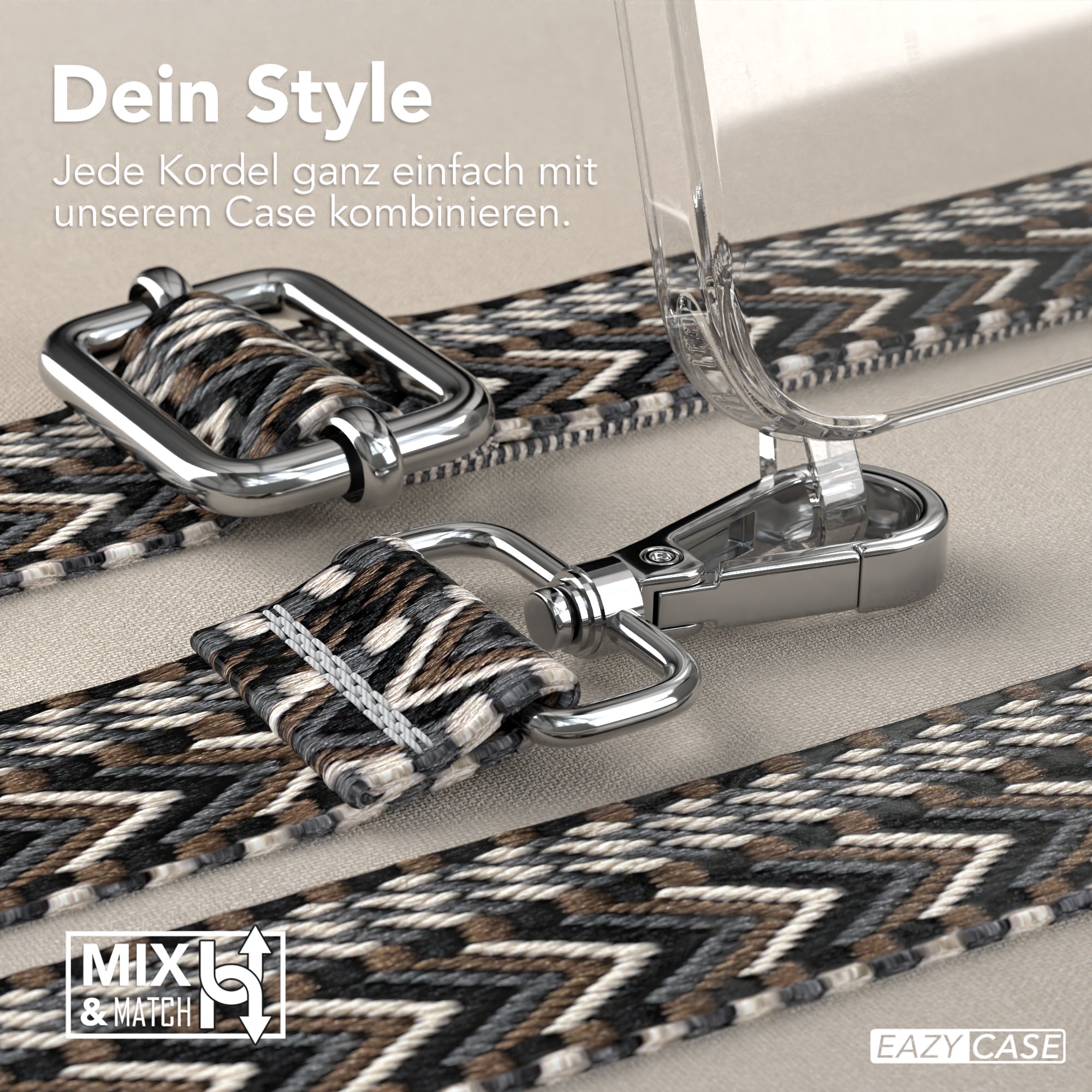 iPhone 15 Handykette mit verstellbarem Boho Band Tragegurt #farbe-band_grau-schwarz_metallfarbe-silber