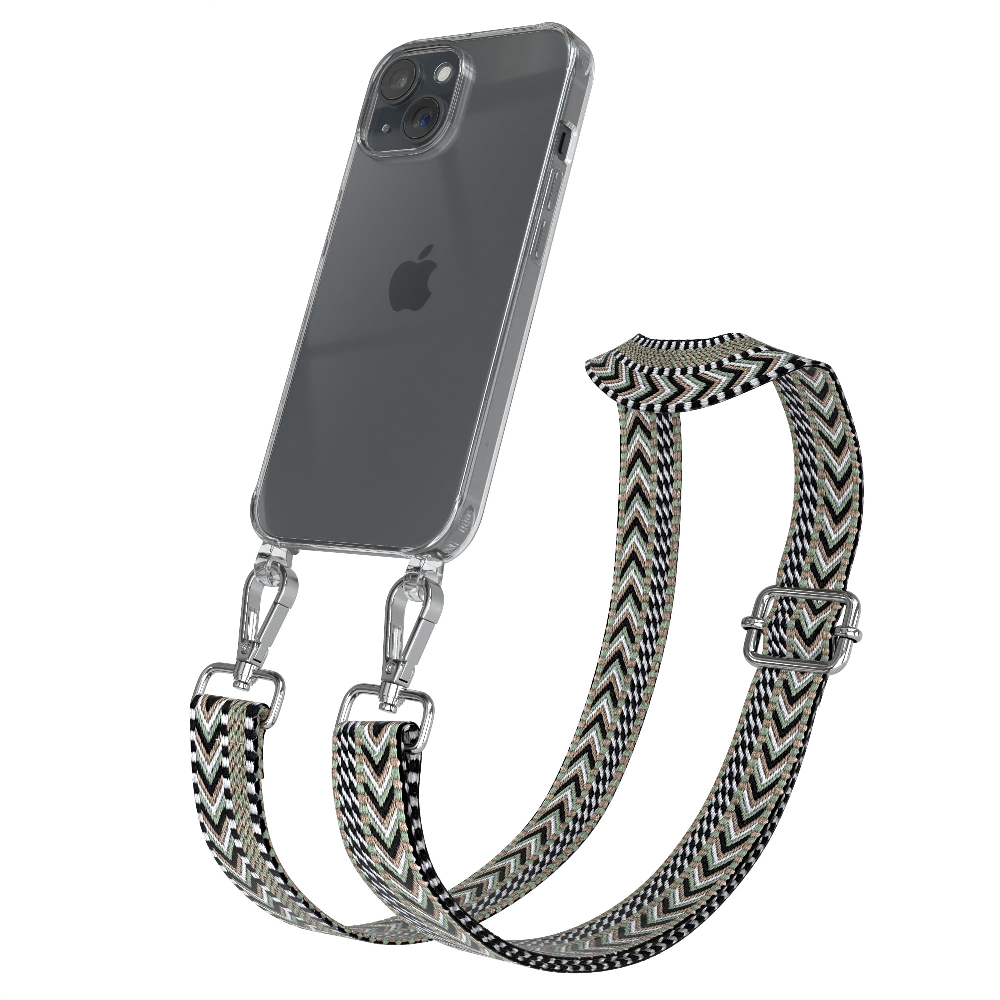 iPhone 15 Handykette mit verstellbarem Boho Band Tragegurt #farbe-band_grun-schwarz_metallfarbe-silber