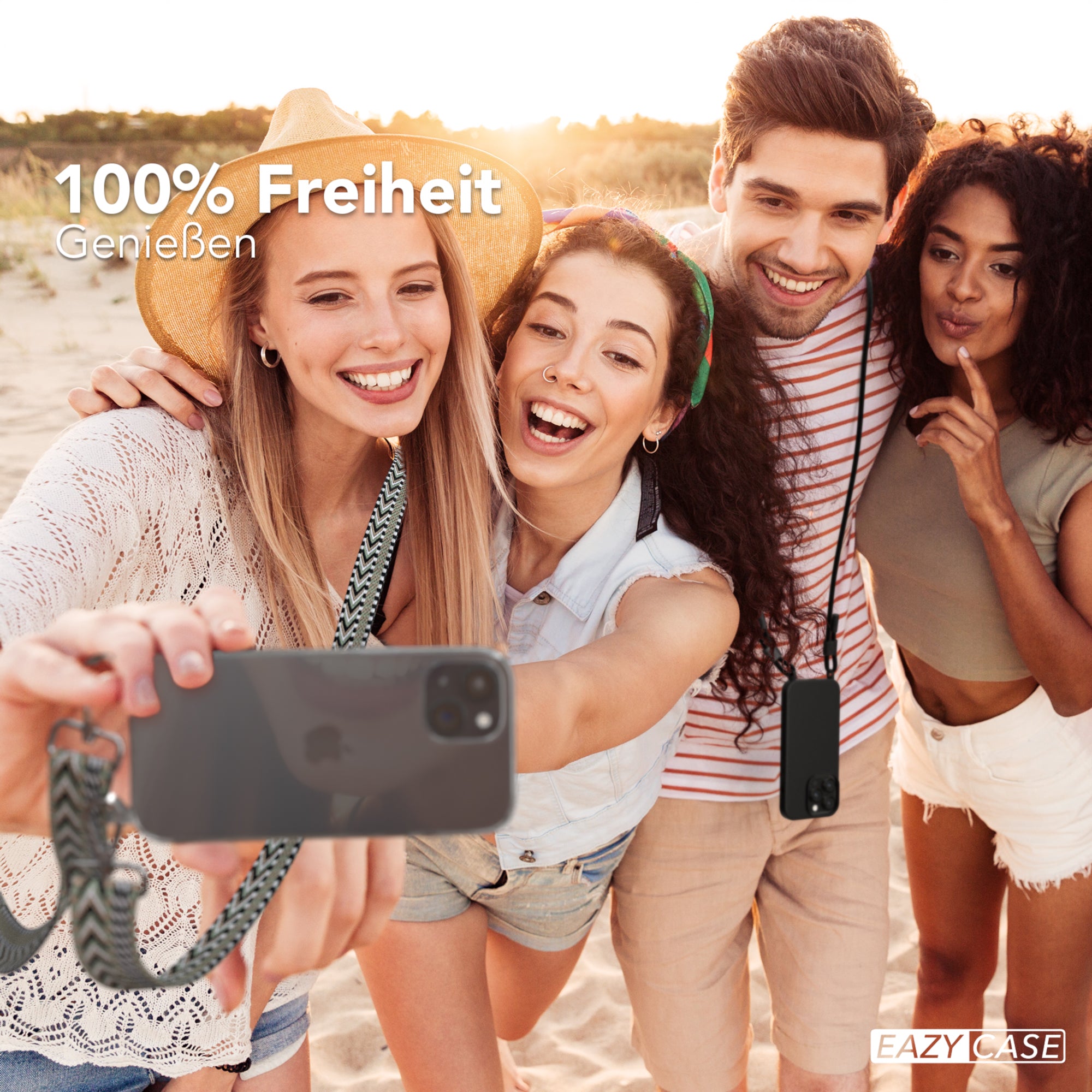 iPhone 15 Handykette mit verstellbarem Boho Band Tragegurt #farbe-band_grun-schwarz_metallfarbe-silber