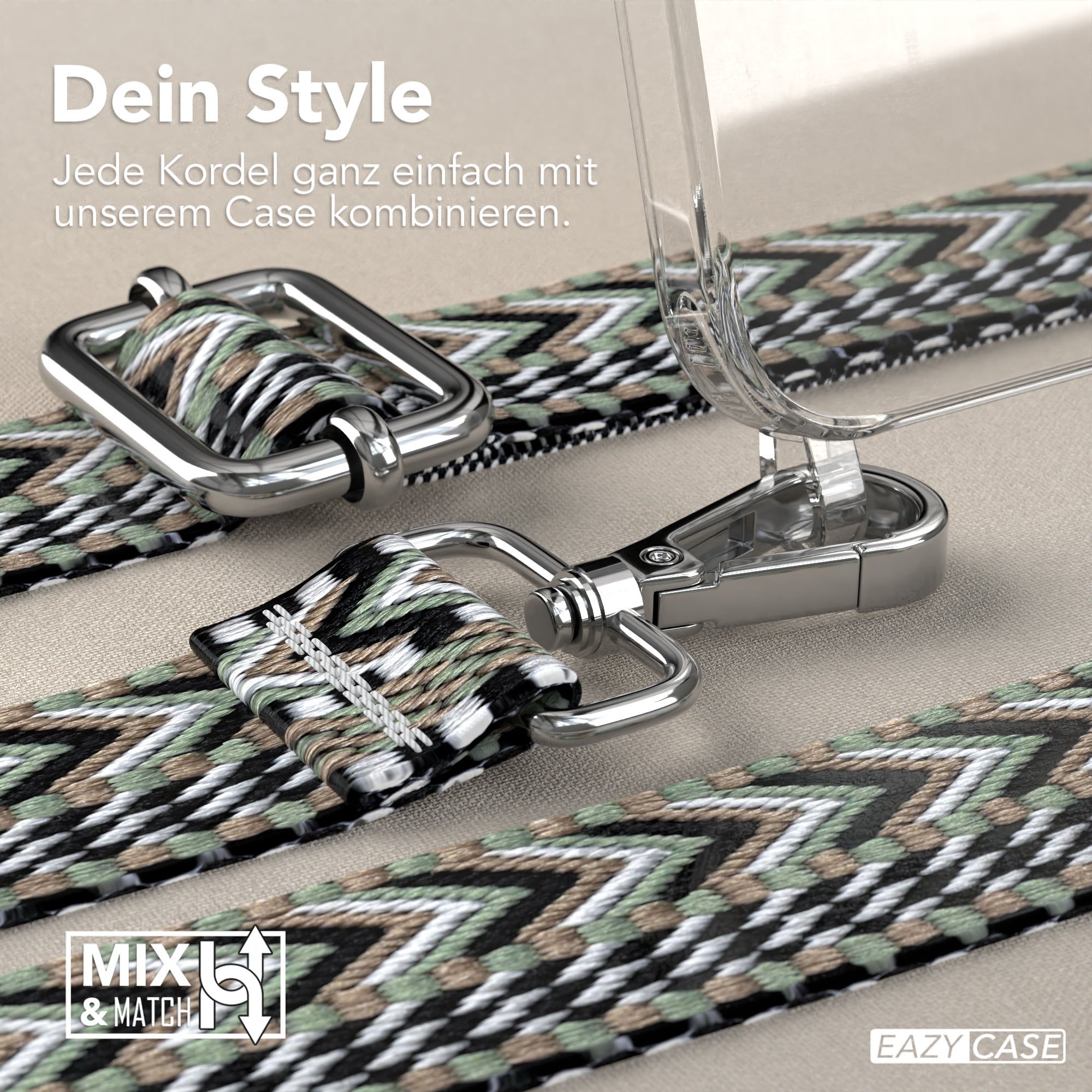 iPhone 15 Handykette mit verstellbarem Boho Band Tragegurt #farbe-band_grun-schwarz_metallfarbe-silber