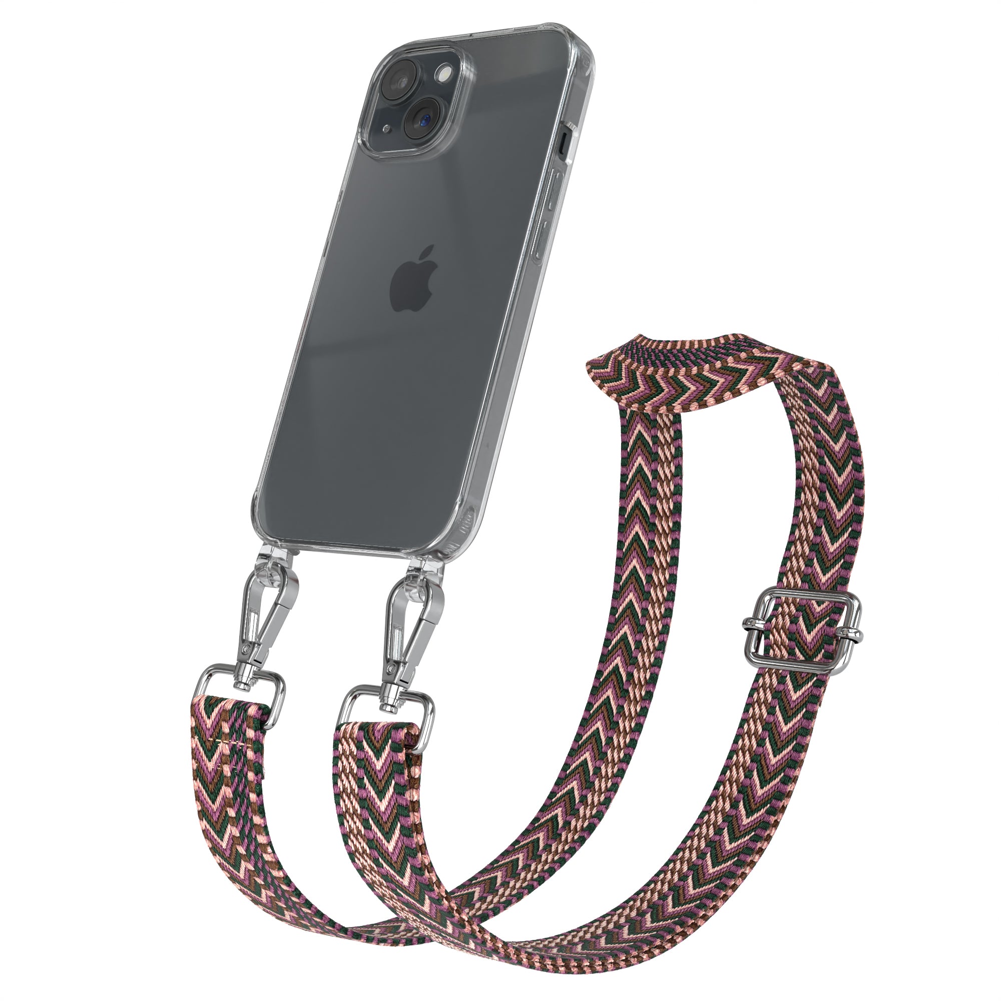 iPhone 15 Handykette mit verstellbarem Boho Band Tragegurt #farbe-band_beere-rosa_metallfarbe-silber