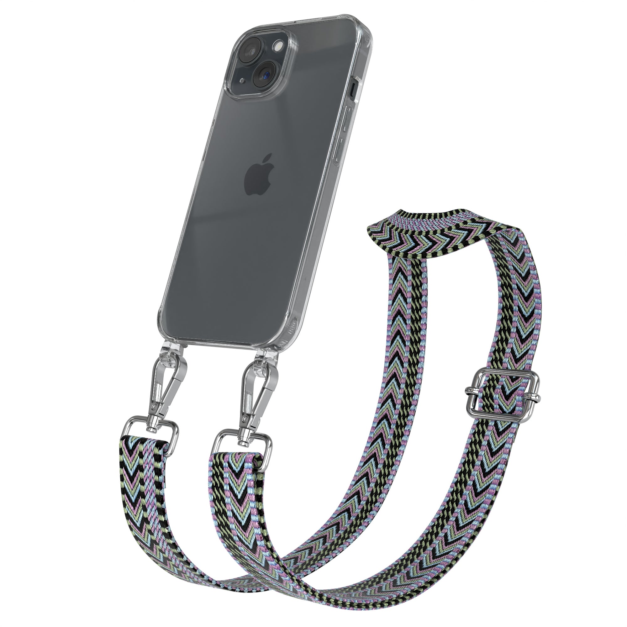 iPhone 15 Handykette mit verstellbarem Boho Band Tragegurt #farbe-band_lila-grun_metallfarbe-silber
