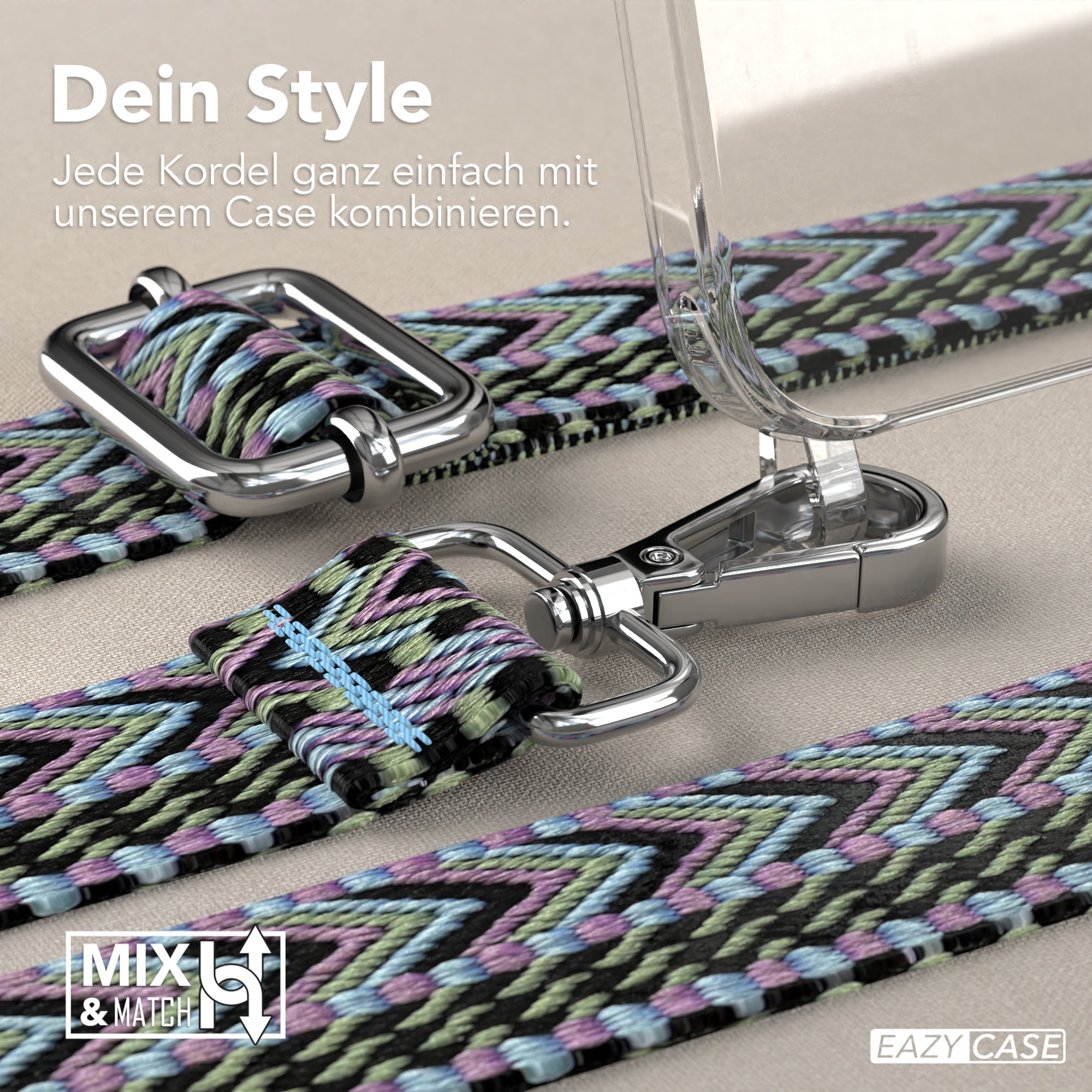 iPhone 15 Handykette mit verstellbarem Boho Band Tragegurt #farbe-band_lila-grun_metallfarbe-silber