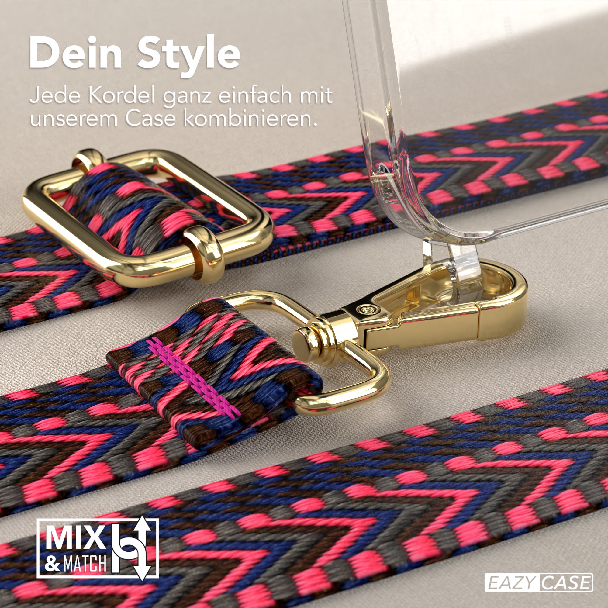 iPhone 15 Handykette mit verstellbarem Boho Band Tragegurt #farbe-band_pink-blau_metallfarbe-gold