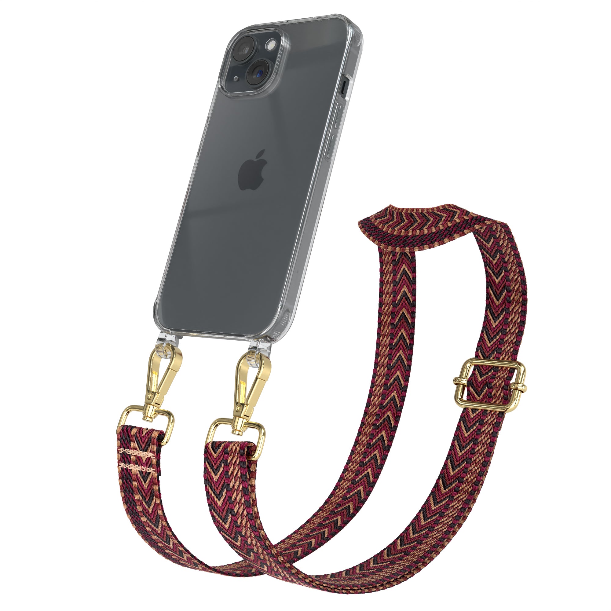 iPhone 15 Handykette mit verstellbarem Boho Band Tragegurt #farbe-band_rot-braun_metallfarbe-gold