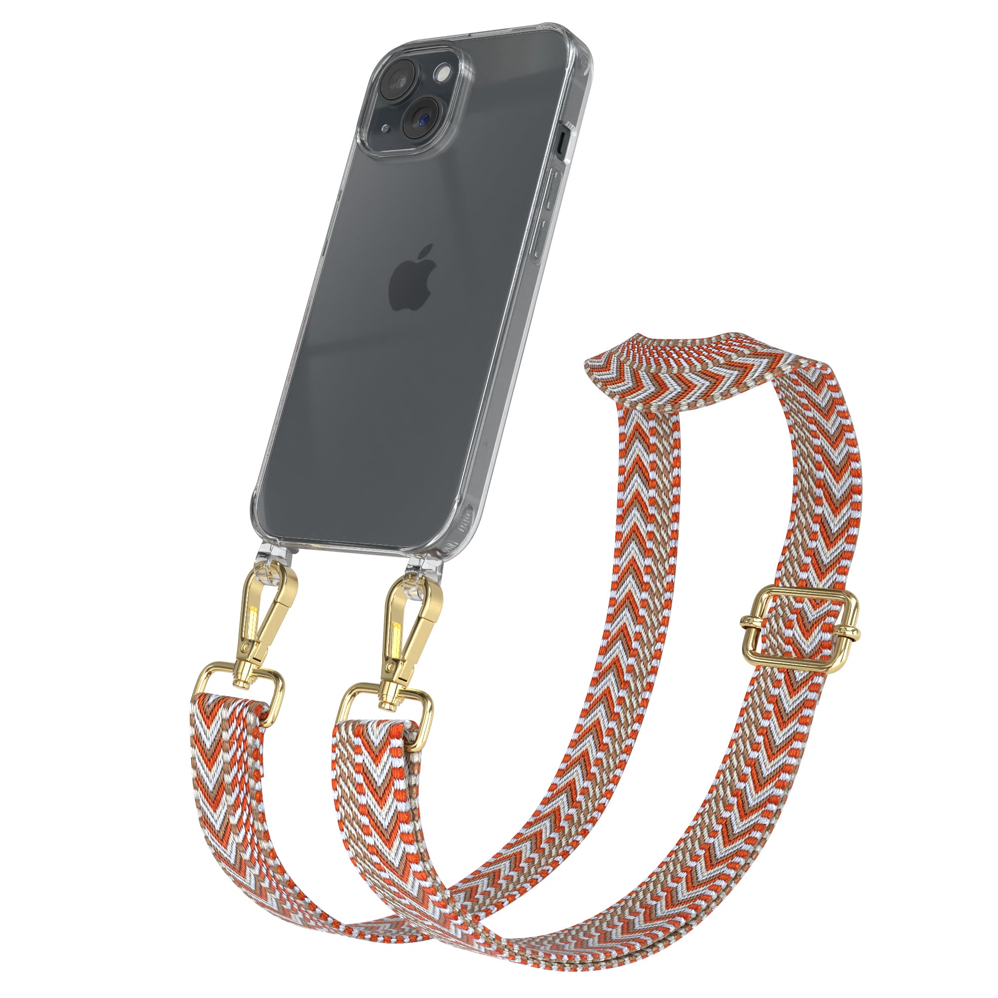iPhone 15 Handykette mit verstellbarem Boho Band Tragegurt #farbe-band_hellblau-rot_metallfarbe-gold