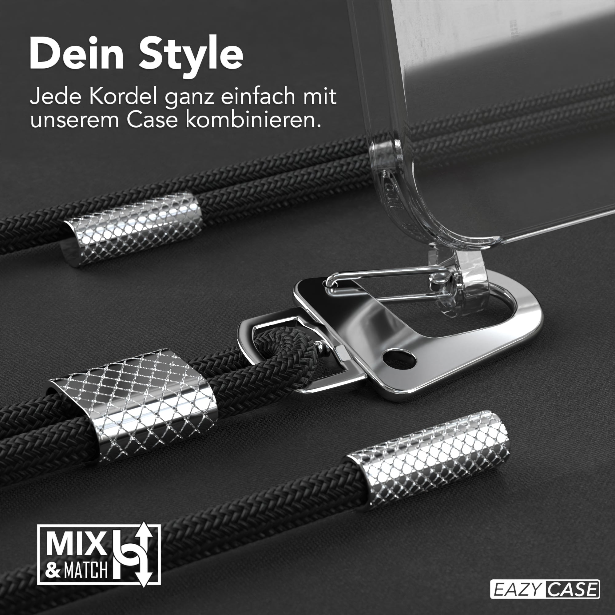 iPhone 15 Hülle + Kordel mit Karabinern