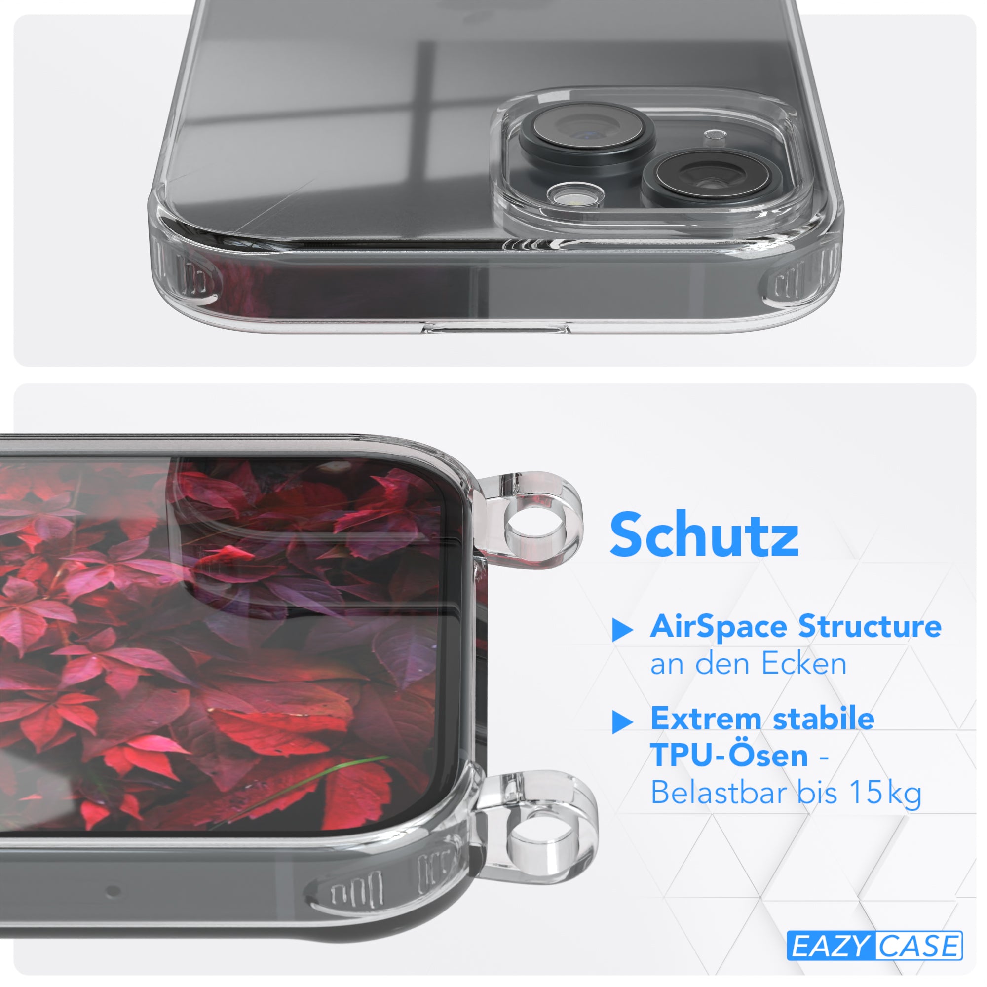 iPhone 15 Hülle + Kordel mit Karabinern