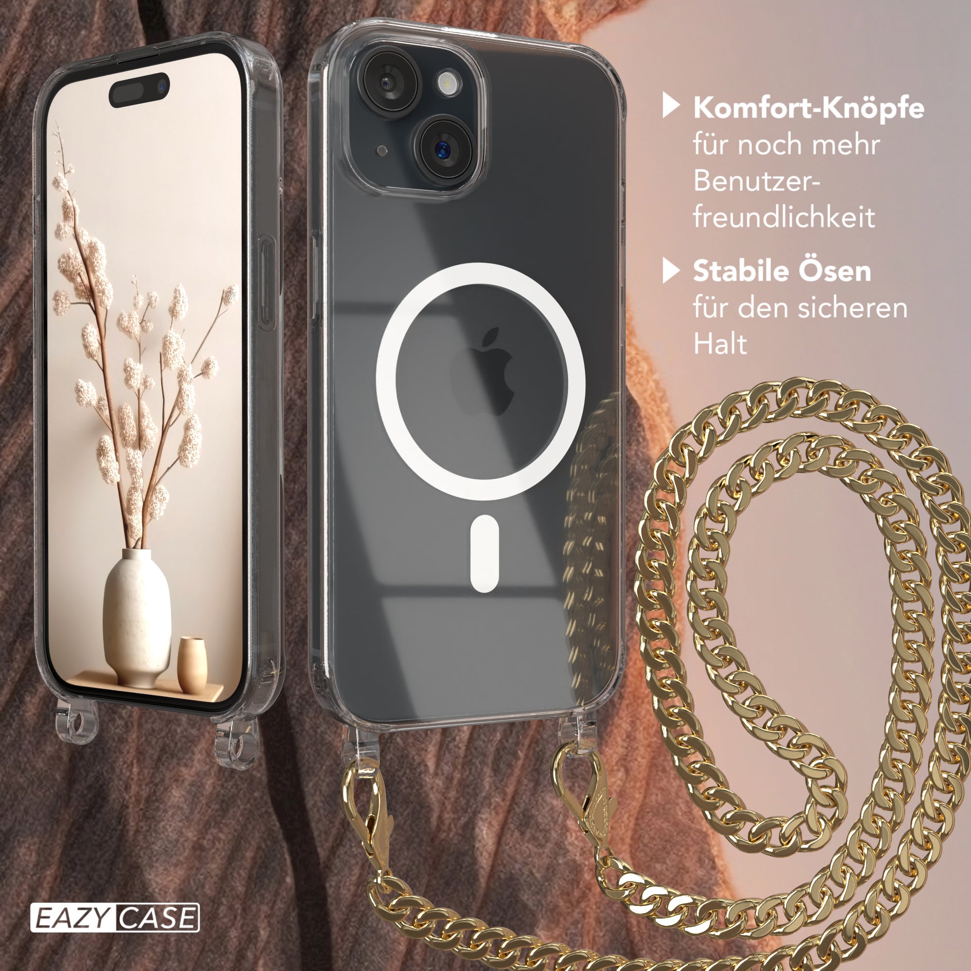 iPhone 15 Hülle mit Metallkette + Schwarze Kordel mit MagSafe