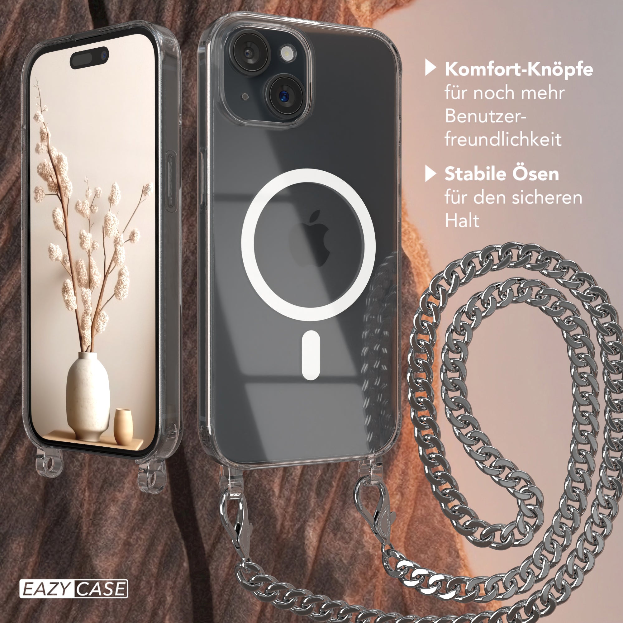 iPhone 15 Hülle mit Metallkette + Schwarze Kordel mit MagSafe