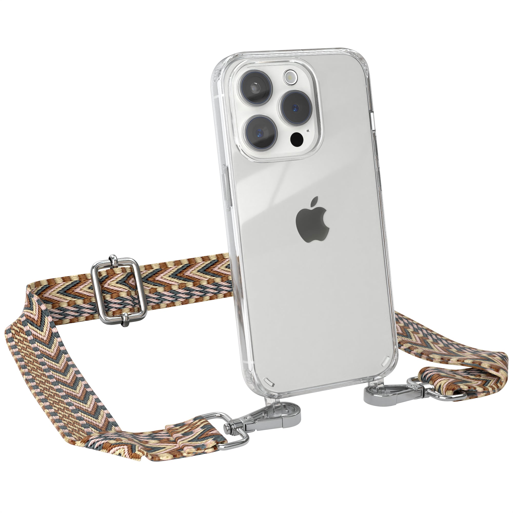 iPhone 15 Pro Handykette mit verstellbarem Boho Band von EAZY CASE #farbe-band_hellbraun-braun_metallfarbe-silber