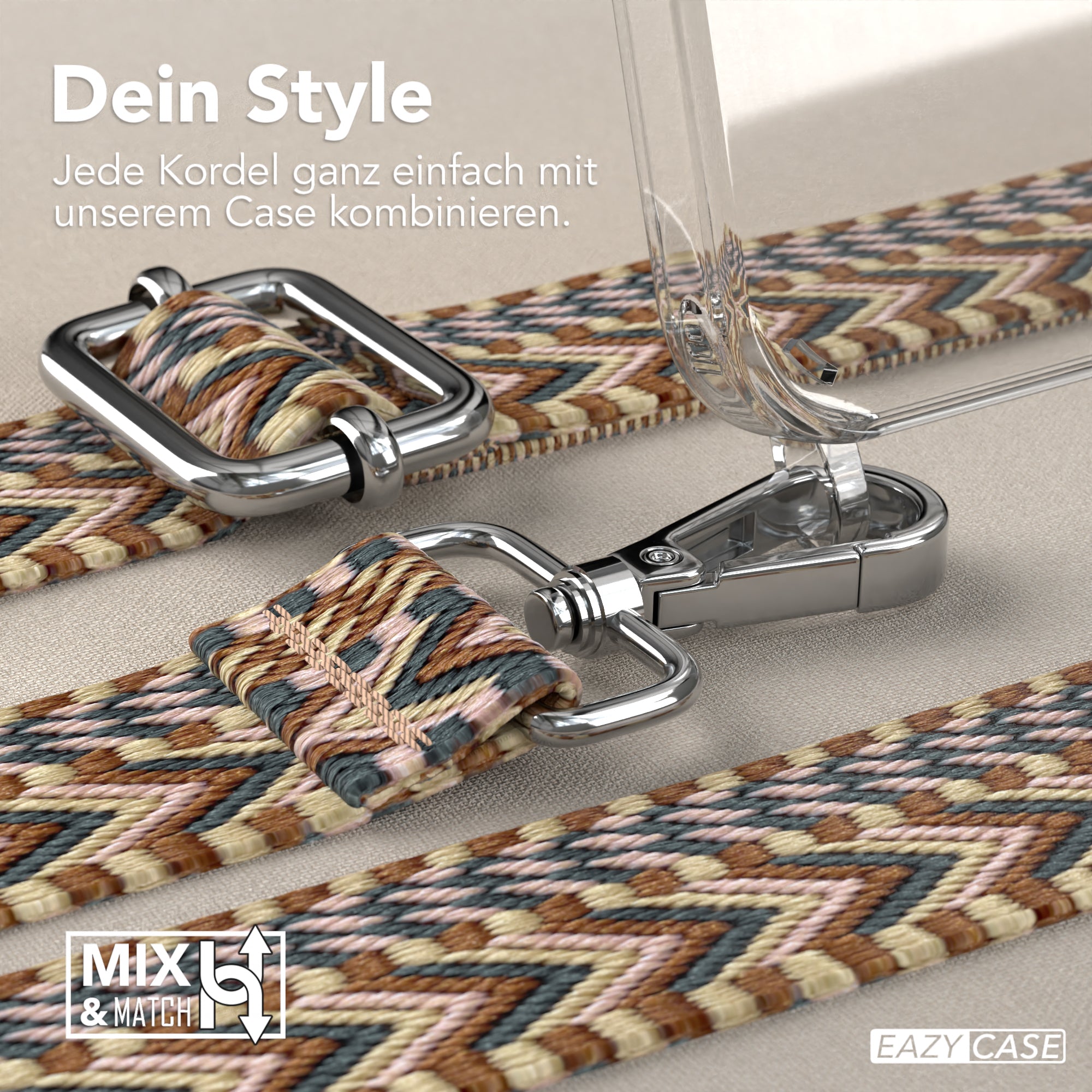 iPhone 15 Pro Handykette mit verstellbarem Boho Band von EAZY CASE #farbe-band_hellbraun-braun_metallfarbe-silber