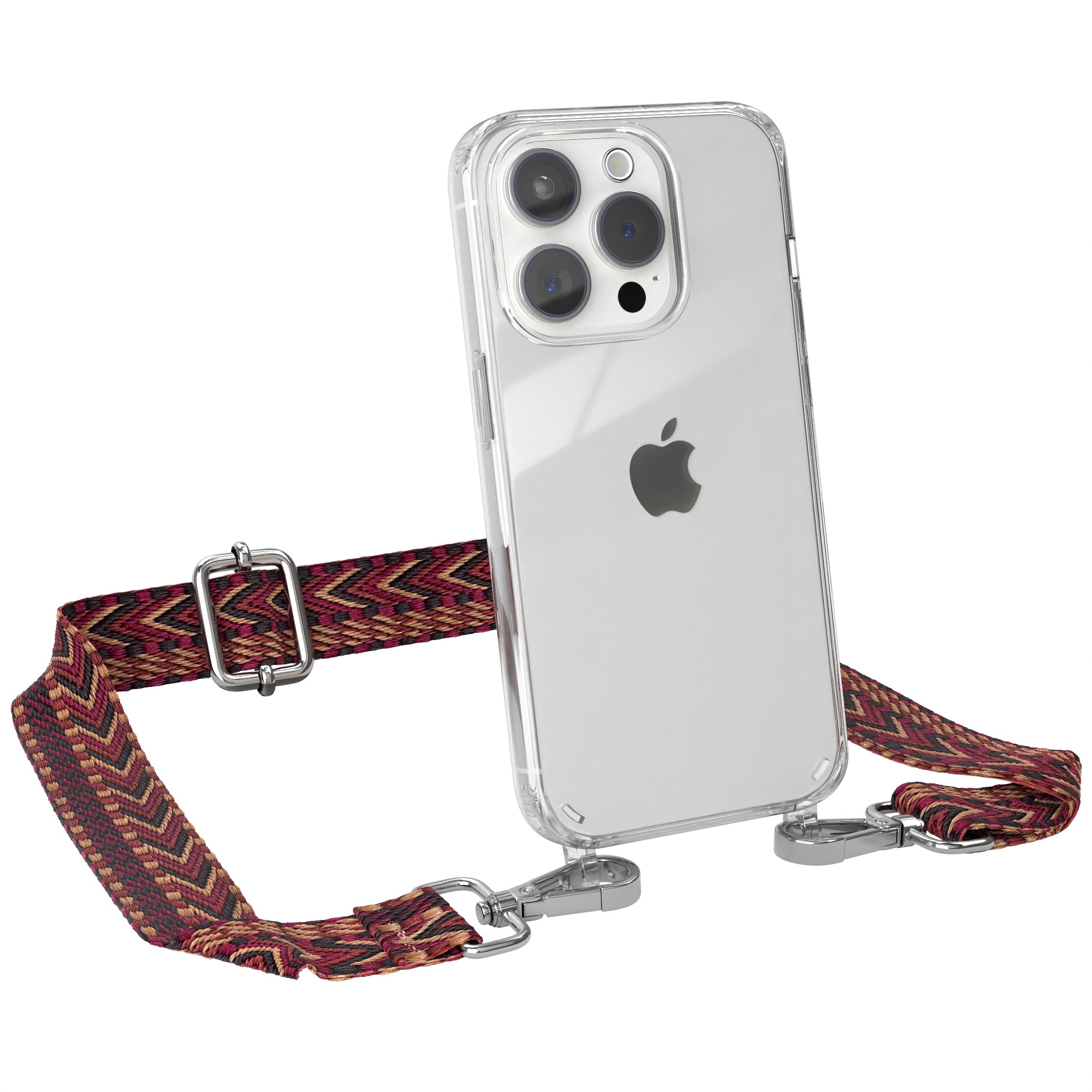 iPhone 15 Pro Handykette mit verstellbarem Boho Band von EAZY CASE #farbe-band_rot-braun_metallfarbe-silber