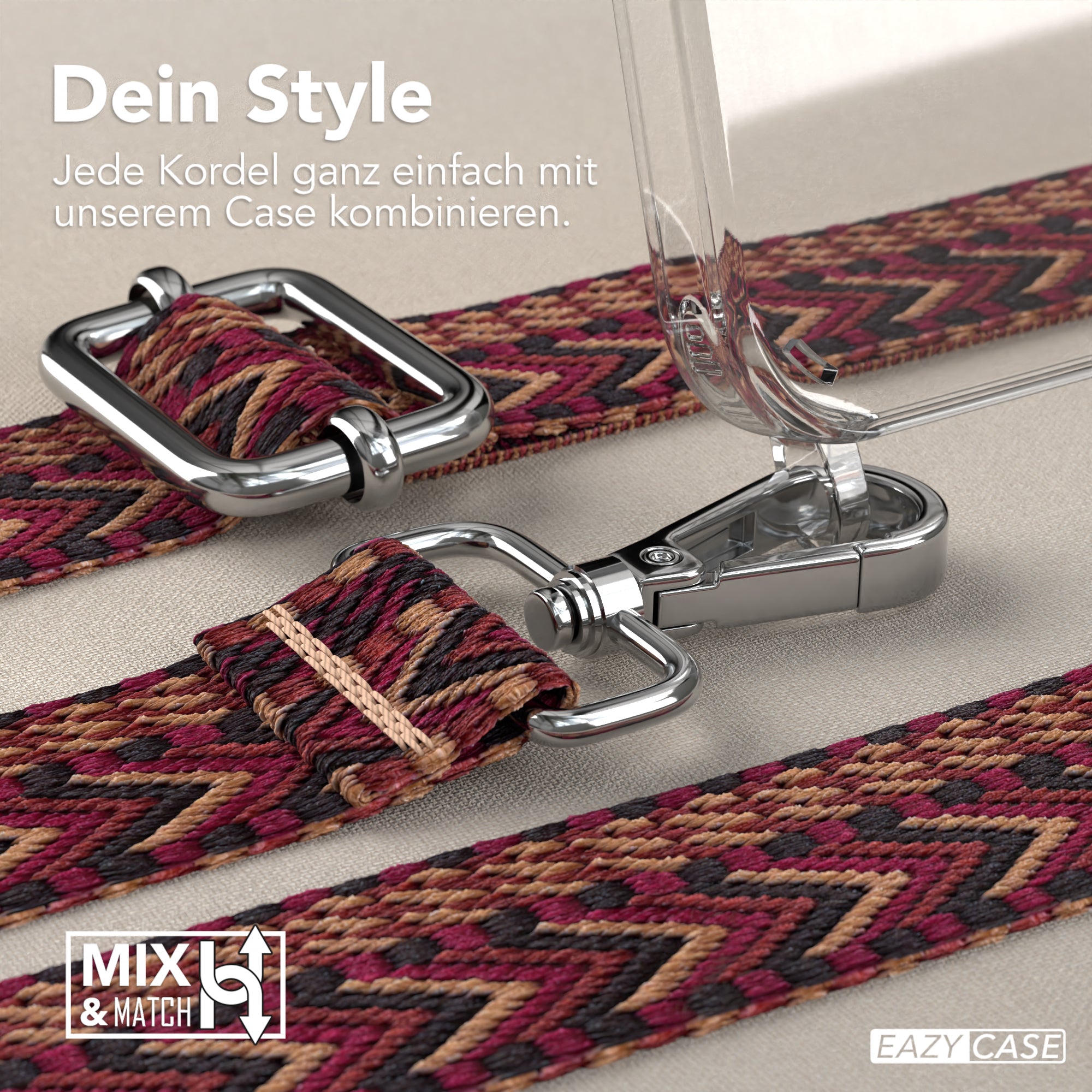 iPhone 15 Pro Handykette mit verstellbarem Boho Band von EAZY CASE #farbe-band_rot-braun_metallfarbe-silber