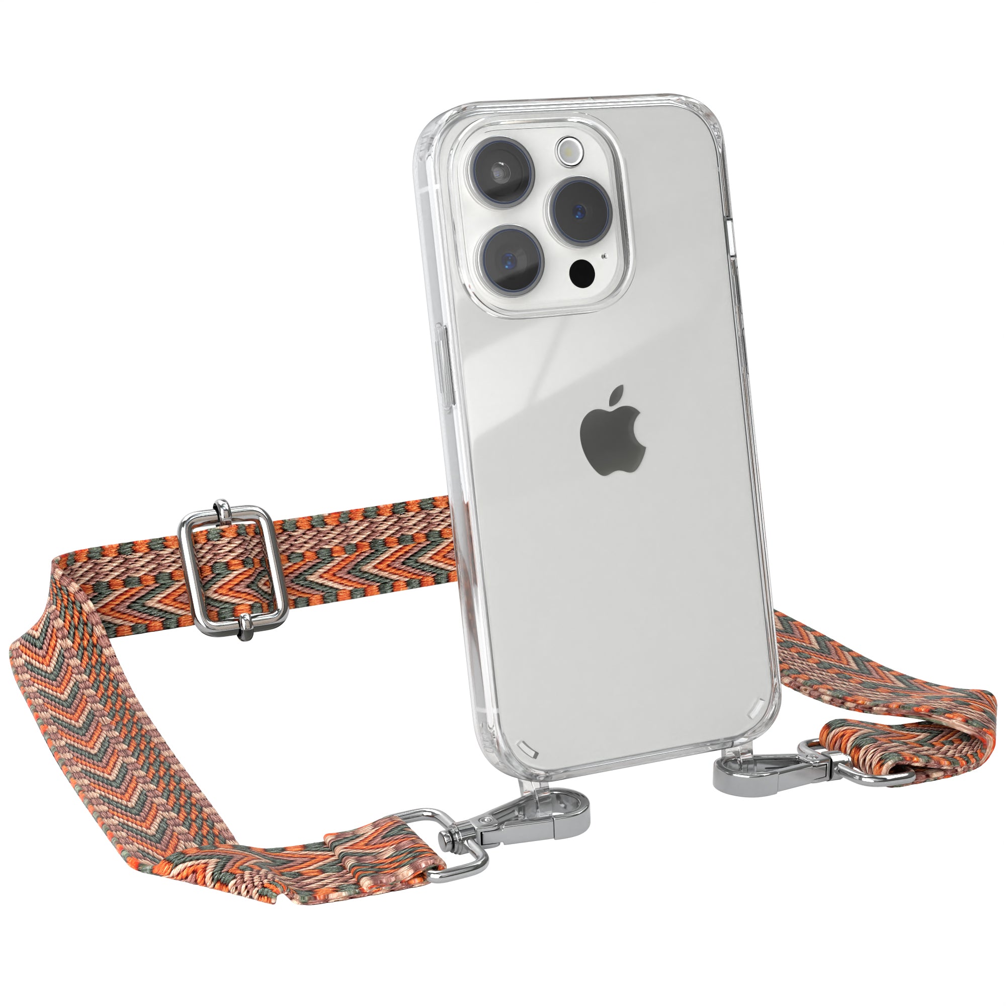iPhone 15 Pro Handykette mit verstellbarem Boho Band von EAZY CASE #farbe-band_orange-grun_metallfarbe-silber