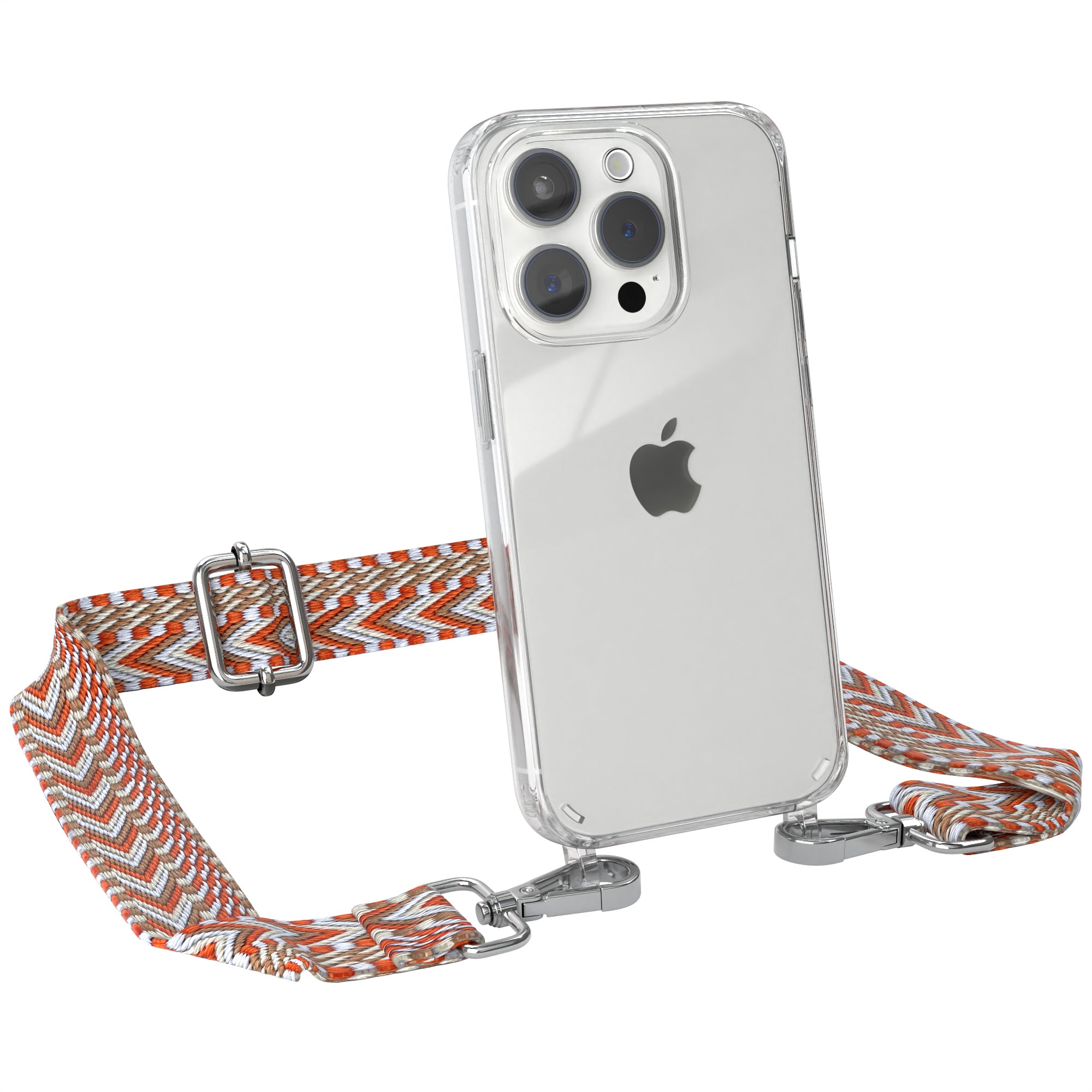 iPhone 15 Pro Handykette mit verstellbarem Boho Band von EAZY CASE #farbe-band_hellblau-rot_metallfarbe-silber