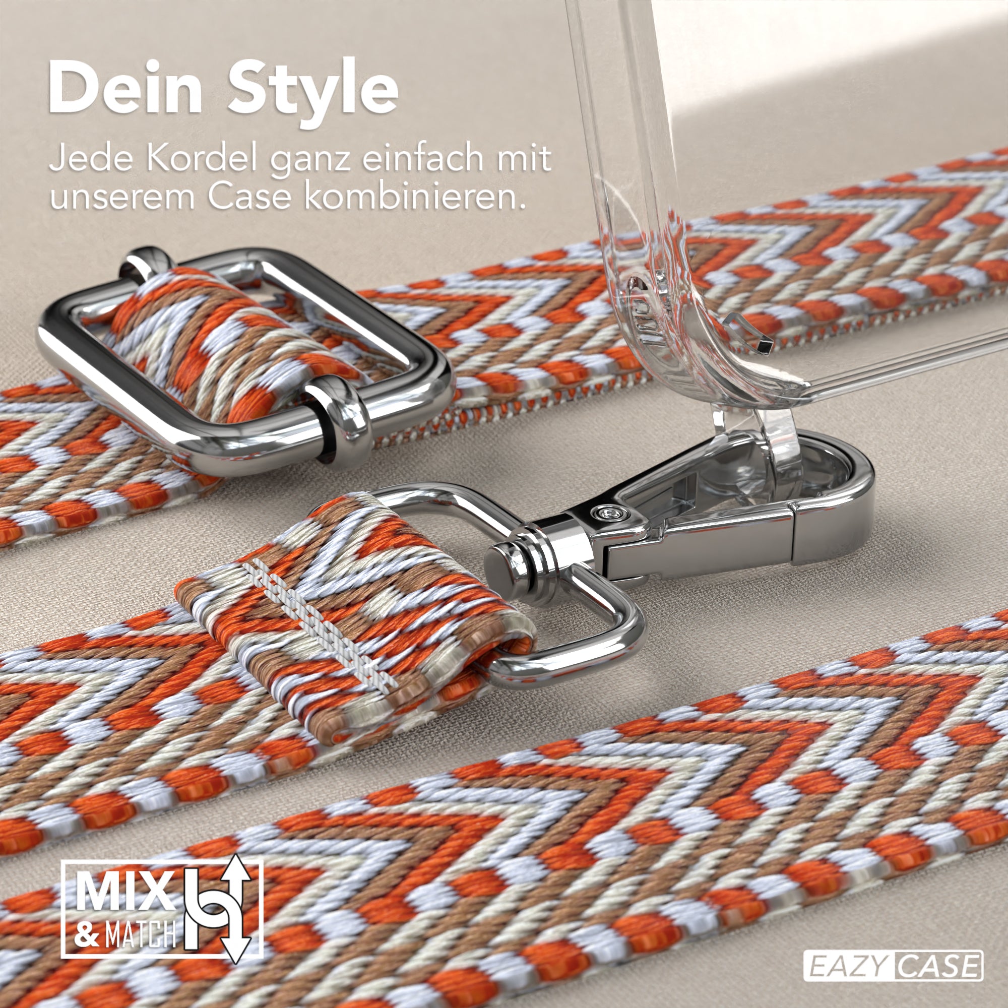 iPhone 15 Pro Handykette mit verstellbarem Boho Band von EAZY CASE #farbe-band_hellblau-rot_metallfarbe-silber
