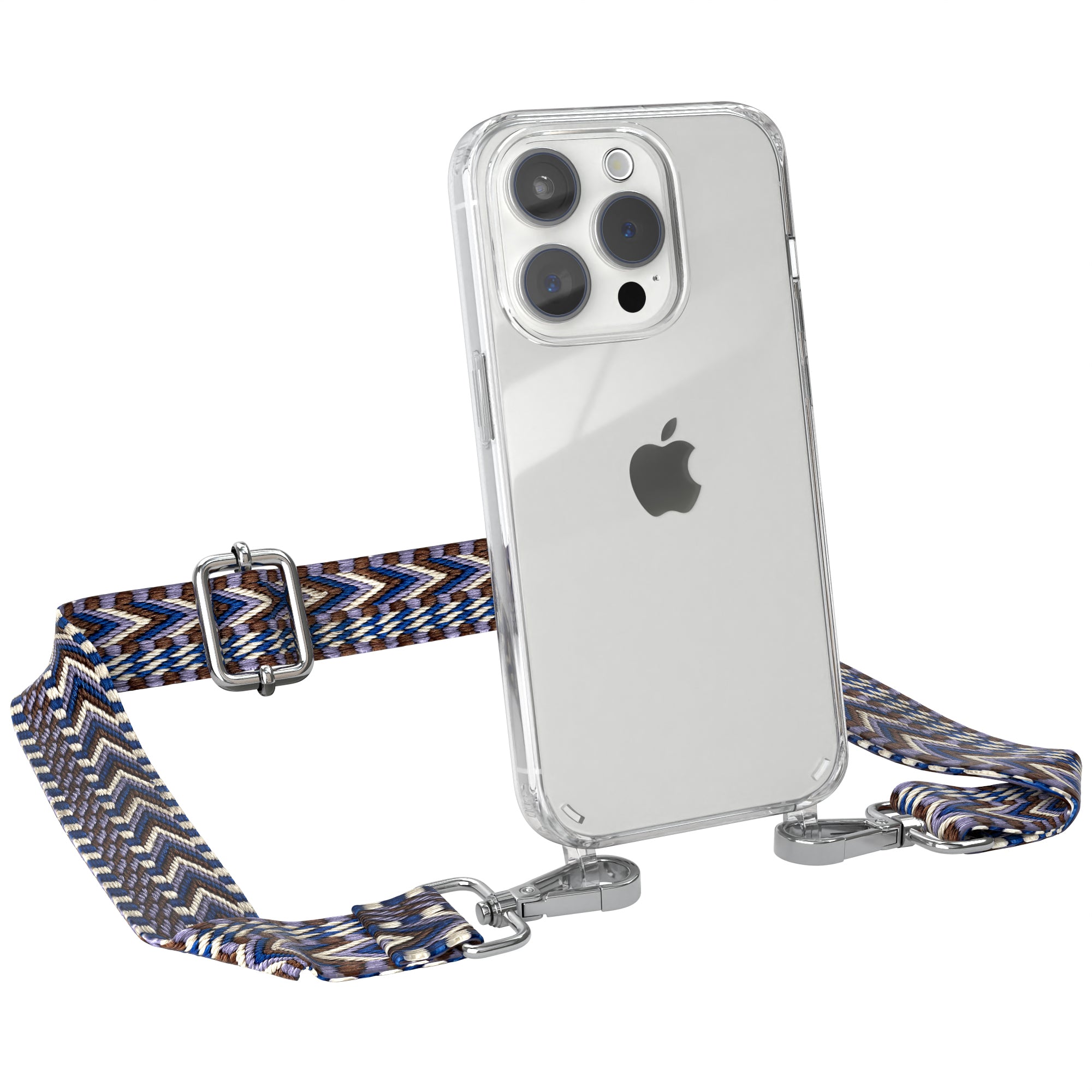 iPhone 15 Pro Handykette mit verstellbarem Boho Band von EAZY CASE #farbe-band_blau-weis_metallfarbe-silber