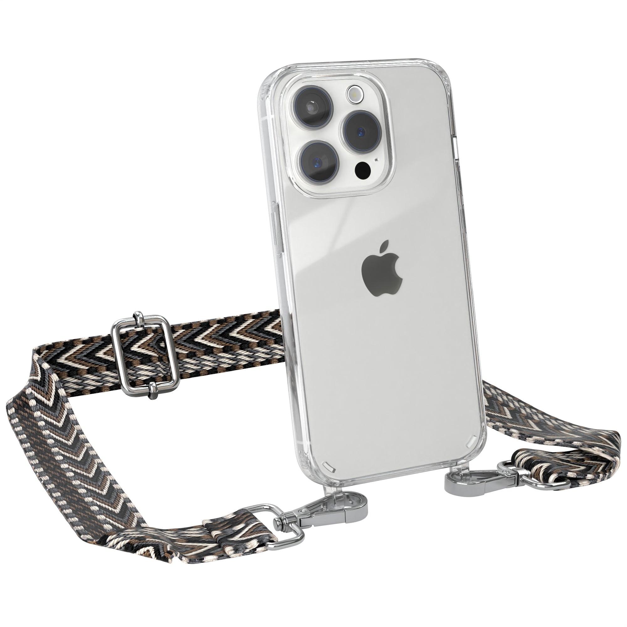 iPhone 15 Pro Handykette mit verstellbarem Boho Band von EAZY CASE #farbe-band_grau-schwarz_metallfarbe-silber