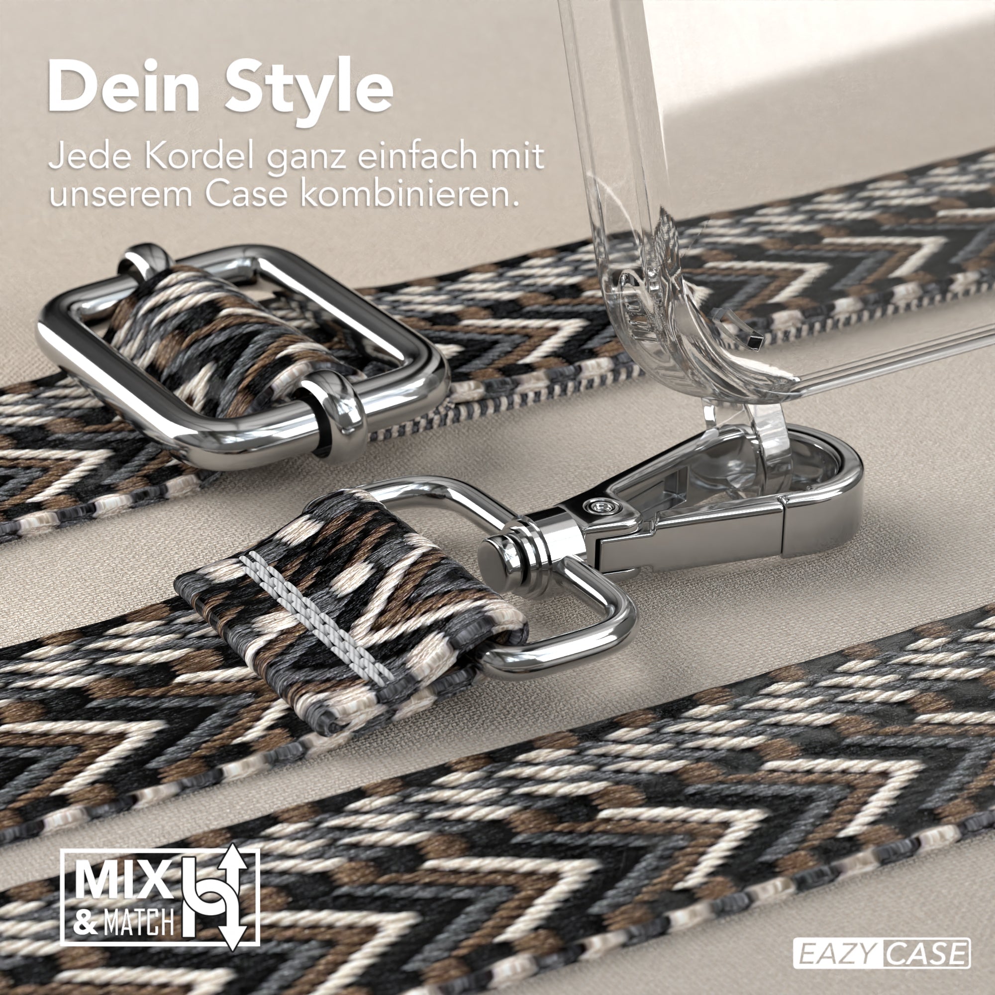 iPhone 15 Pro Handykette mit verstellbarem Boho Band von EAZY CASE #farbe-band_grau-schwarz_metallfarbe-silber