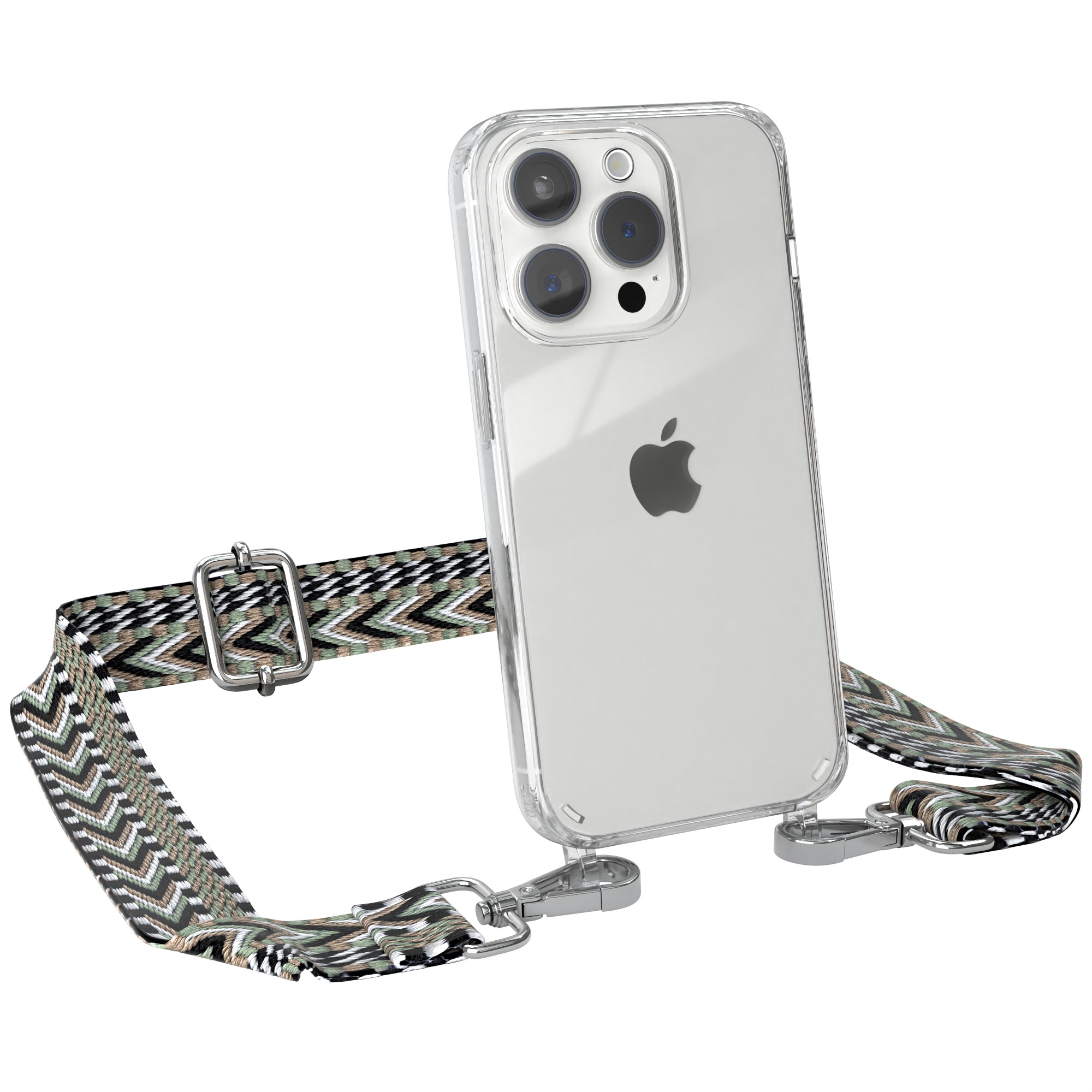iPhone 15 Pro Handykette mit verstellbarem Boho Band von EAZY CASE #farbe-band_grun-schwarz_metallfarbe-silber