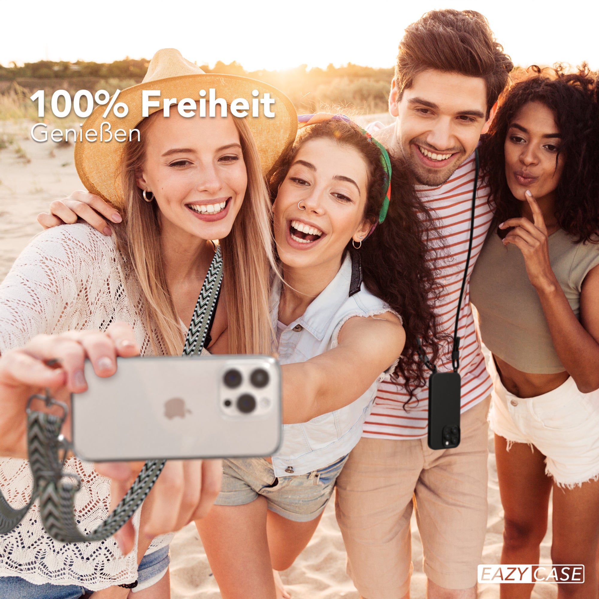 iPhone 15 Pro Handykette mit verstellbarem Boho Band von EAZY CASE #farbe-band_grun-schwarz_metallfarbe-silber