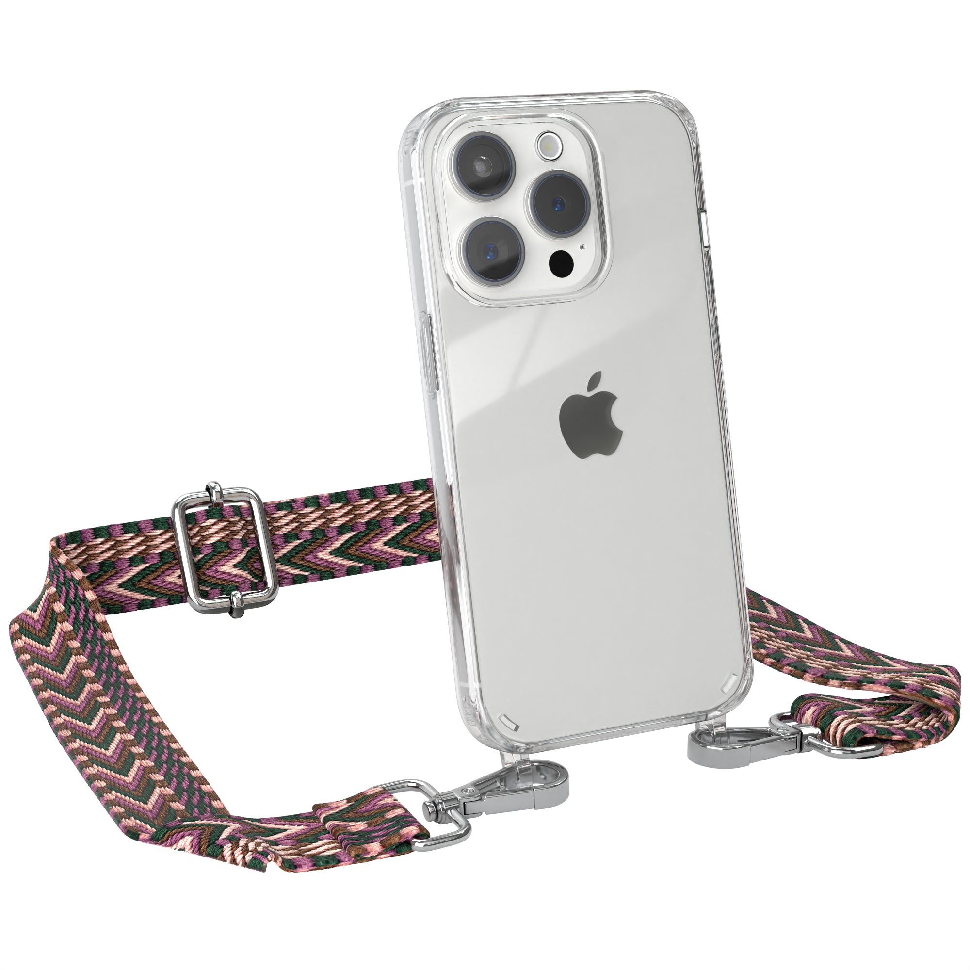 iPhone 15 Pro Handykette mit verstellbarem Boho Band von EAZY CASE #farbe-band_beere-rosa_metallfarbe-silber