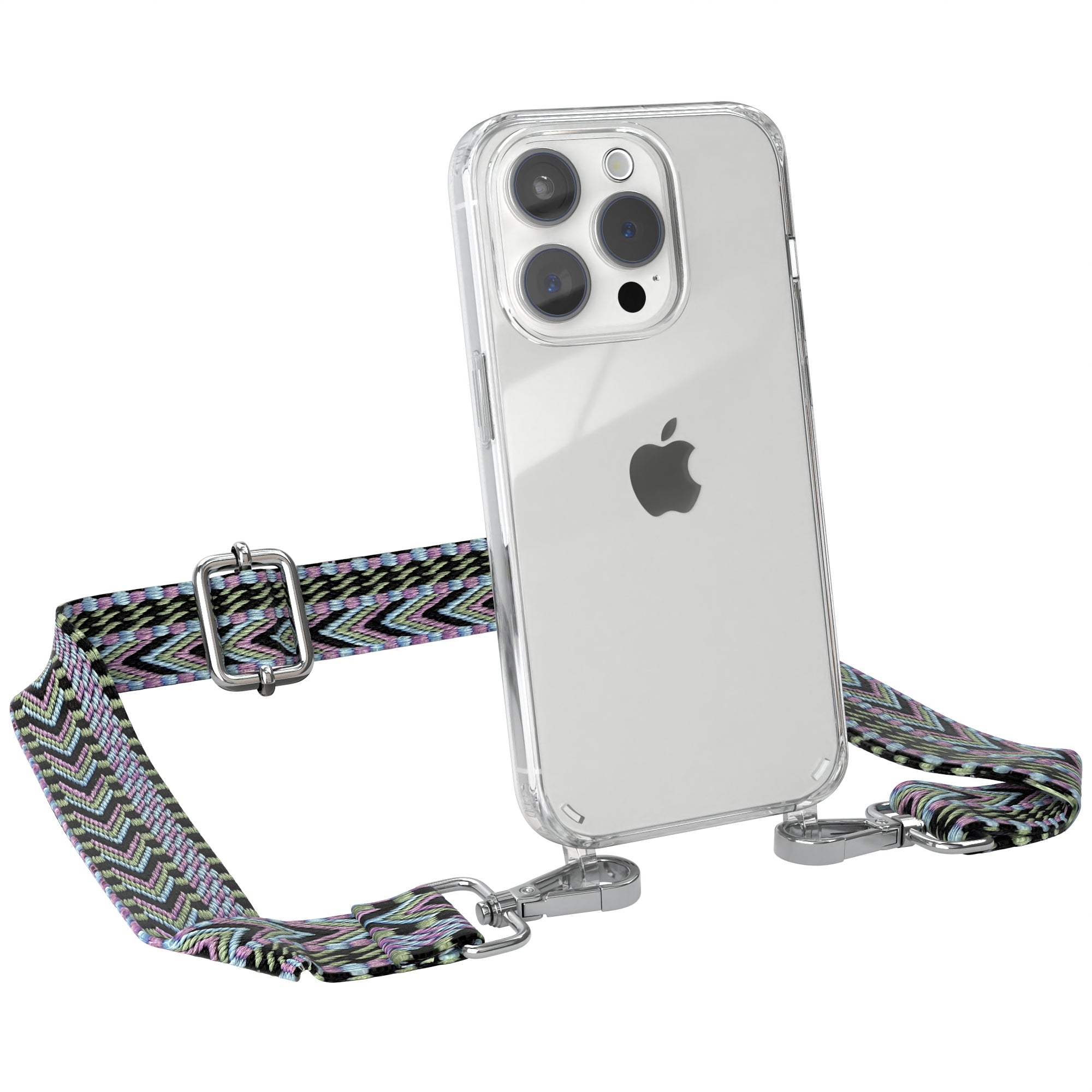 iPhone 15 Pro Handykette mit verstellbarem Boho Band von EAZY CASE #farbe-band_lila-grun_metallfarbe-silber